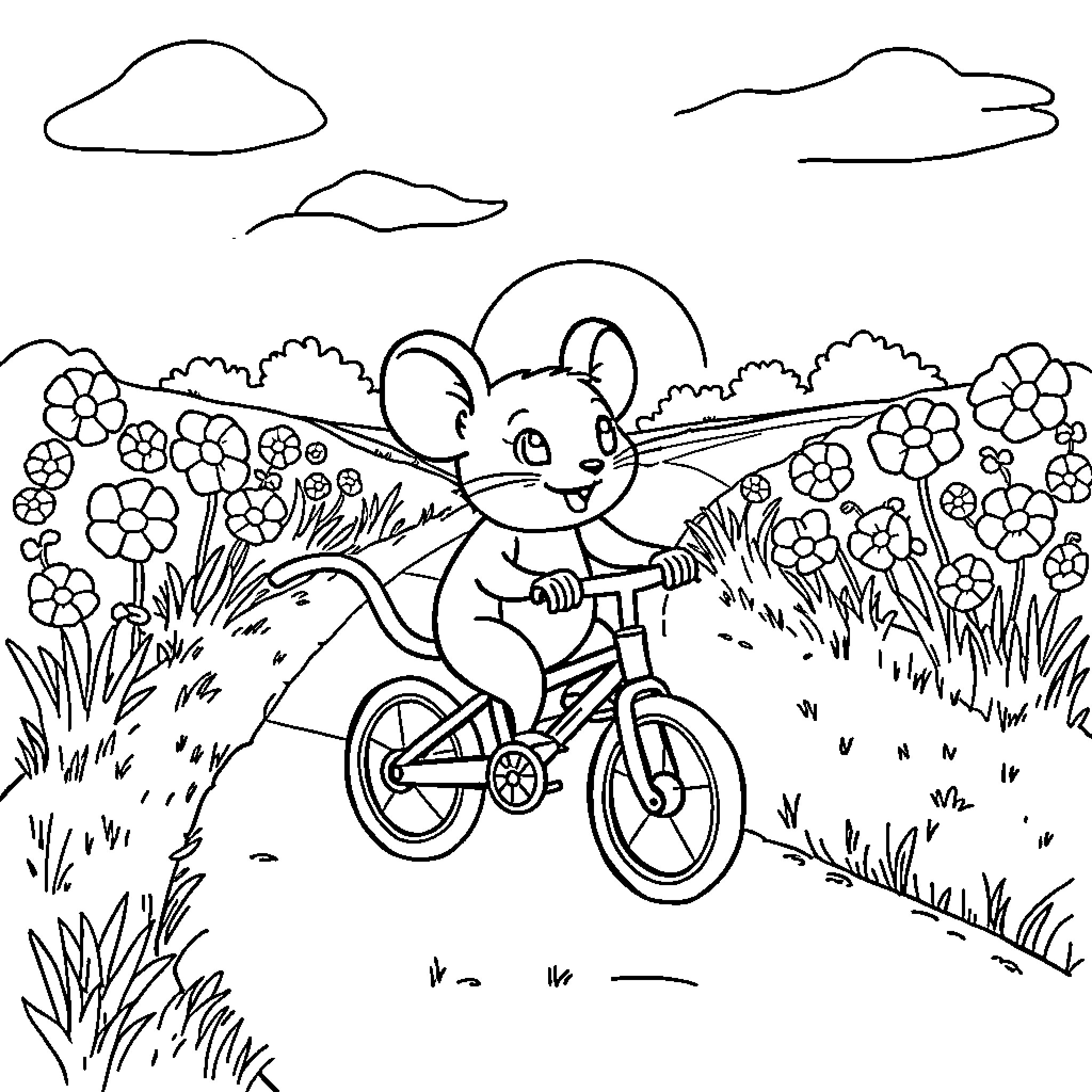 Mouse riding bicycle through flower garden Coloring Page (free black-and-white line drawing printable PDF for all, from beginners to advanced learners, including children, teens, adults, and seniors)