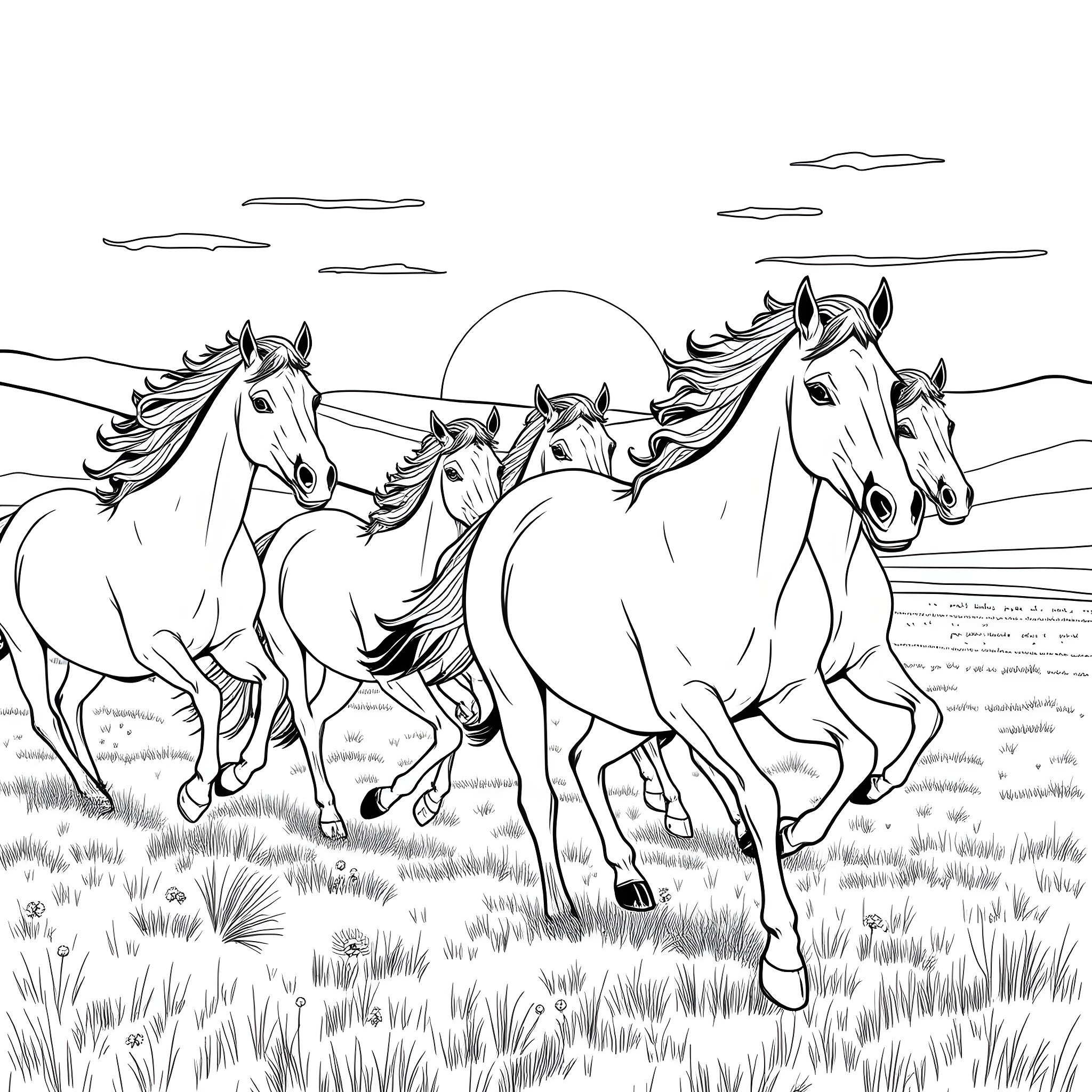 Horse herd galloping through the prairie landscape Coloring Page (free black-and-white line drawing printable PDF for all, from beginners to advanced learners, including children, teens, adults, and seniors)