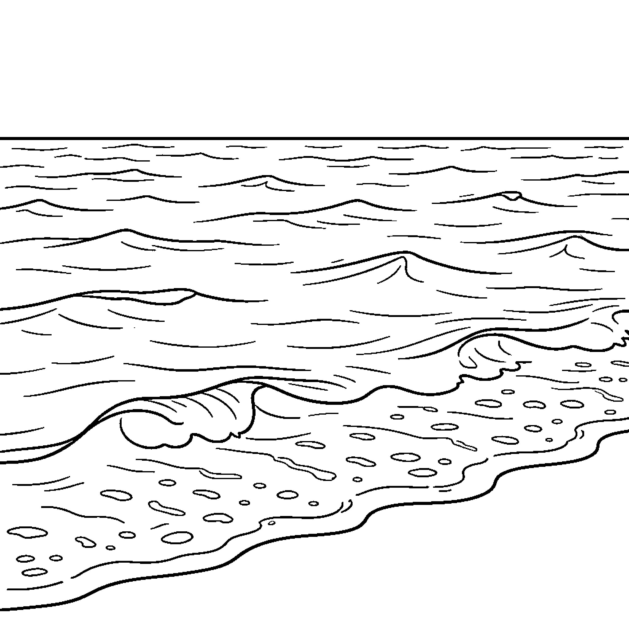 Sea waves crashing gently against the sandy shore Coloring Page (free black-and-white line drawing printable PDF for all, from beginners to advanced learners, including children, teens, adults, and seniors)