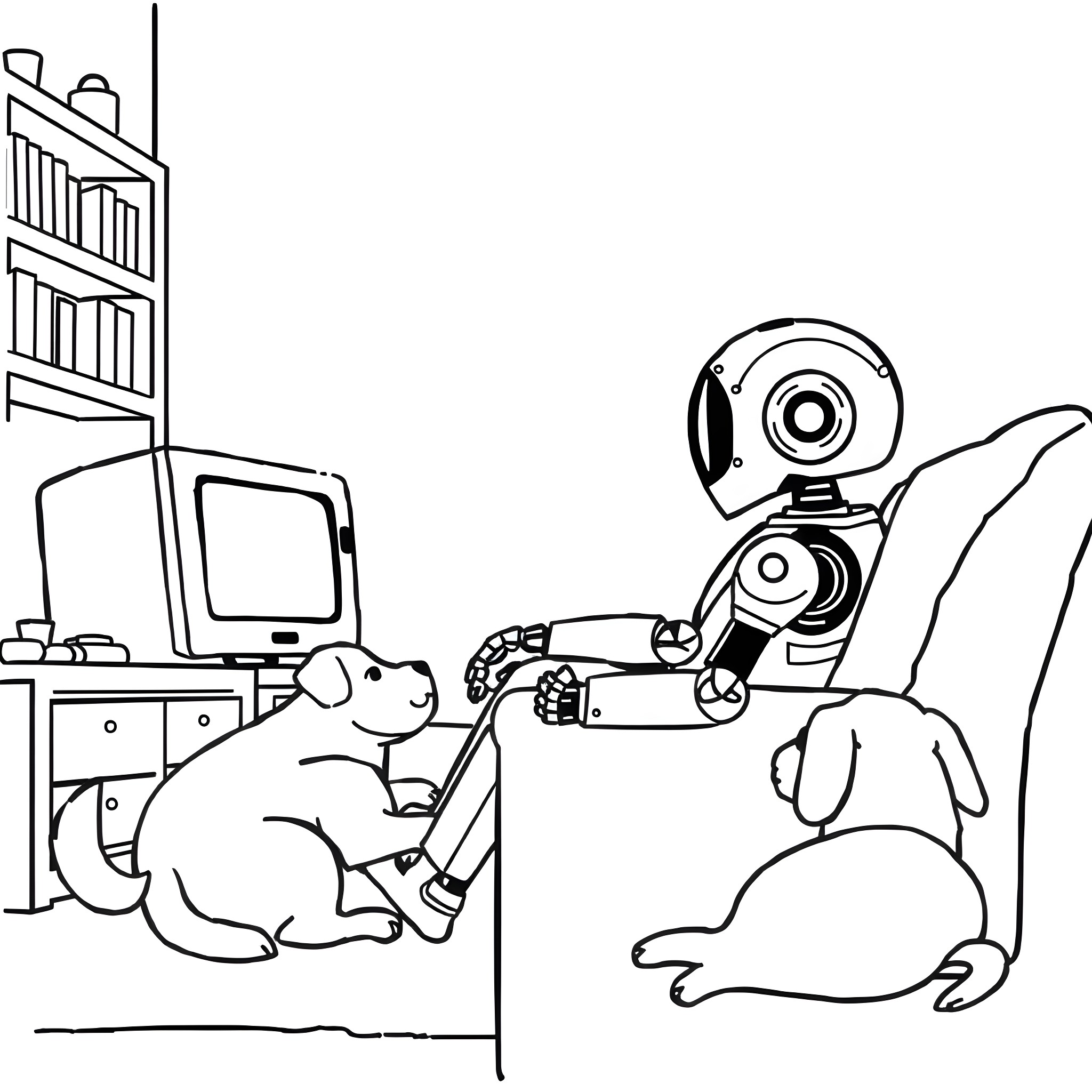 Robot assisting a rabbit in a workspace Coloring Page (free black-and-white line drawing printable PDF for all, from beginners to advanced learners, including children, teens, adults, and seniors)