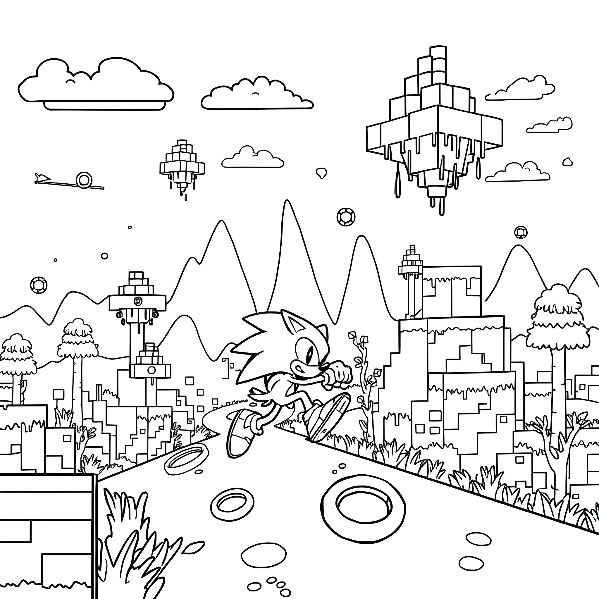 Sonic running through a fantastical landscape Coloring Page (free black-and-white line drawing printable PDF for all, from beginners to advanced learners, including children, teens, adults, and seniors)