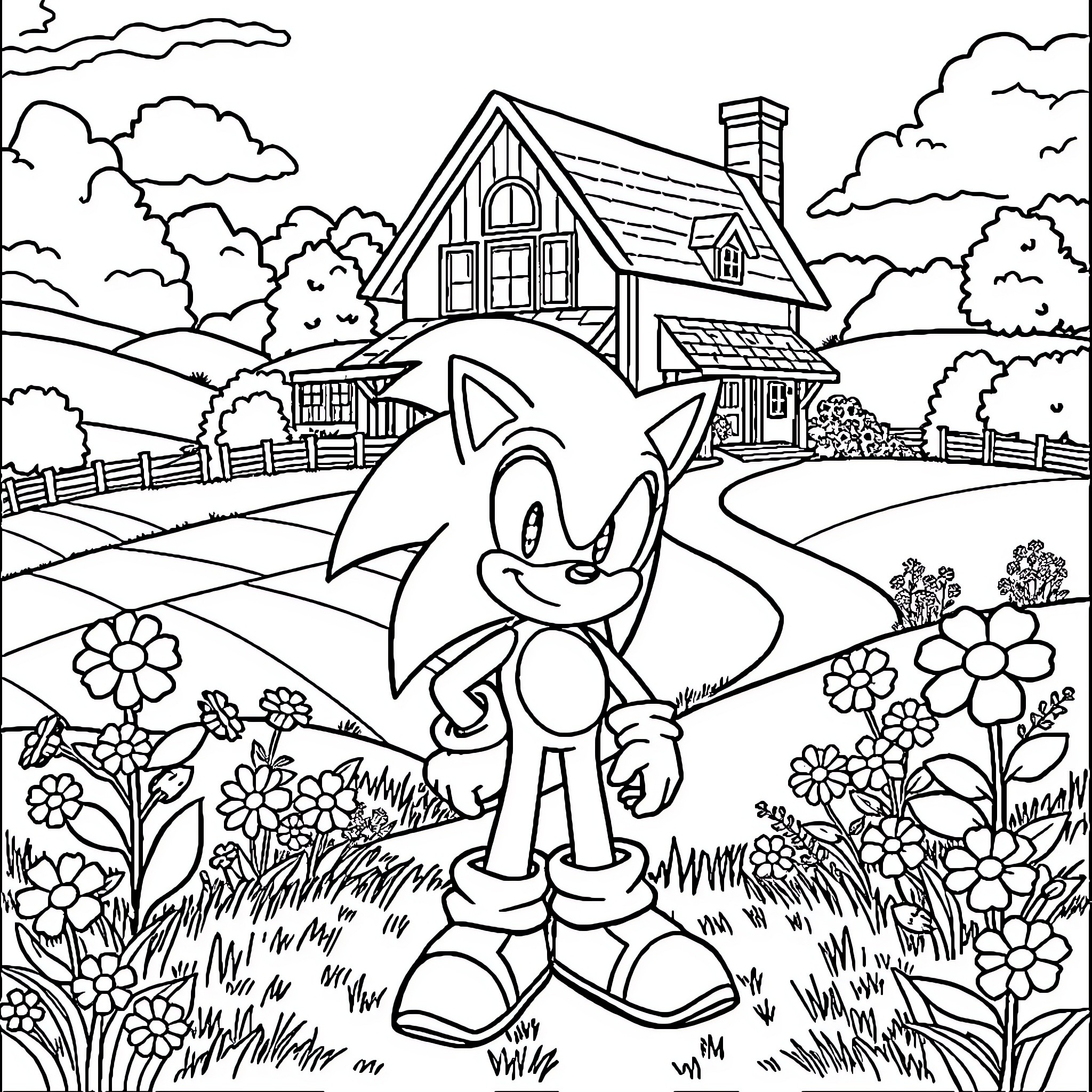 Sonic enjoying the countryside landscape Coloring Page (free black-and-white line drawing printable PDF for all, from beginners to advanced learners, including children, teens, adults, and seniors)