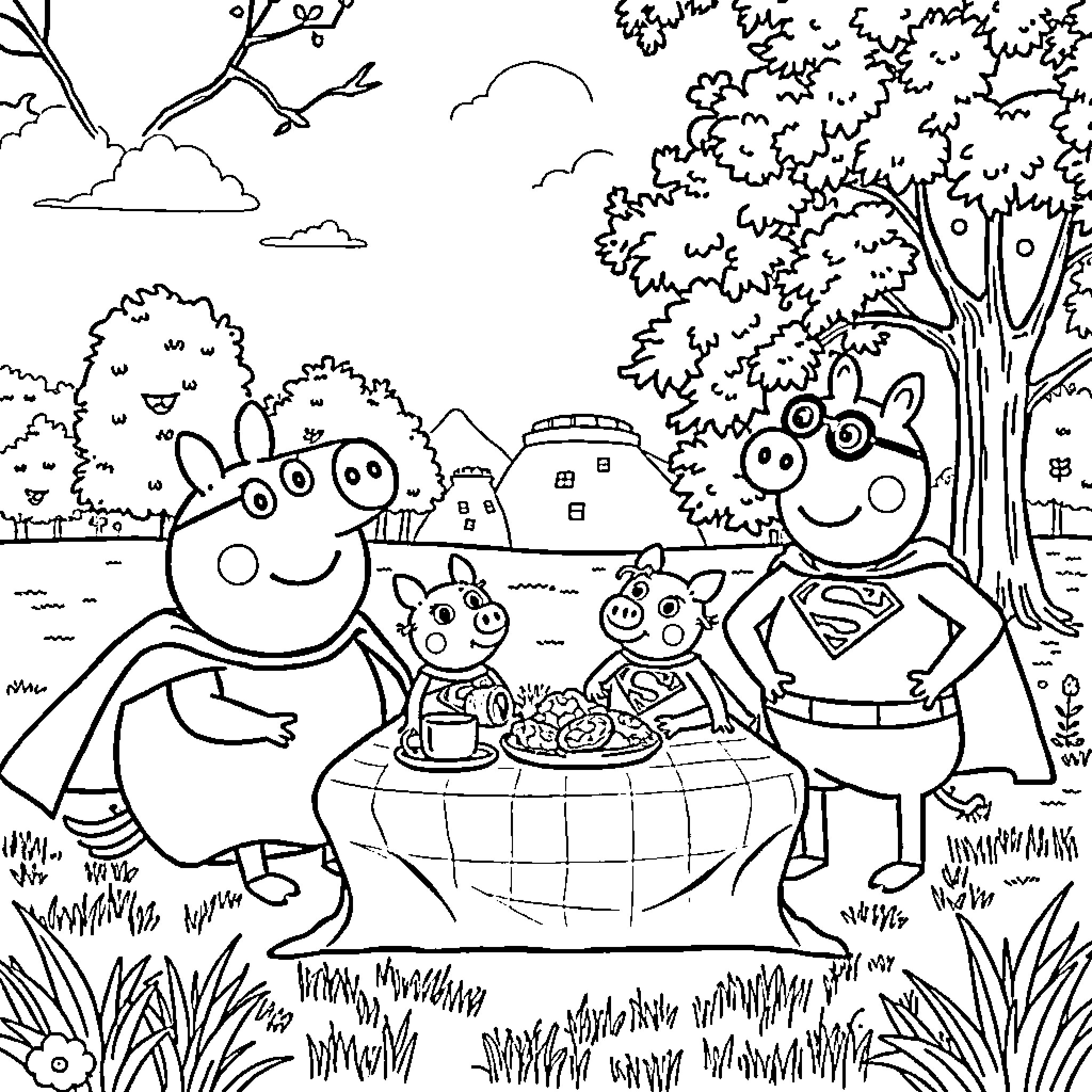 Papa Pig and Family Enjoying a Picnic Outdoors Coloring Page (free black-and-white line drawing printable PDF for all, from beginners to advanced learners, including children, teens, adults, and seniors)