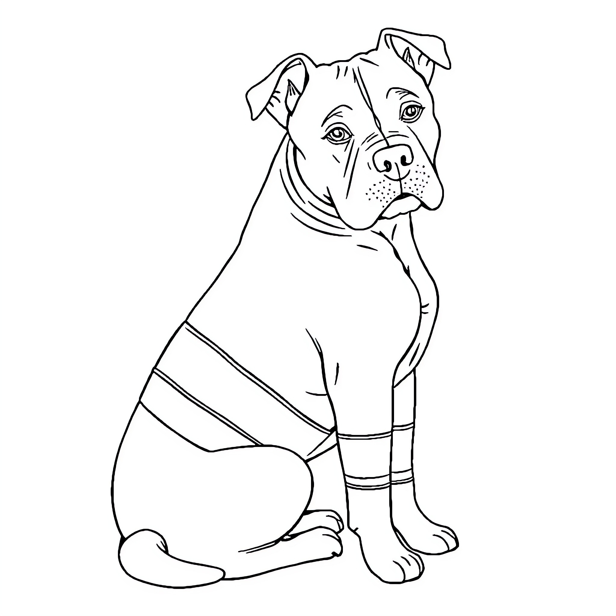 Staffy dog with attentive expression Coloring Page (free black-and-white line drawing printable PDF for all, from beginners to advanced learners, including children, teens, adults, and seniors)