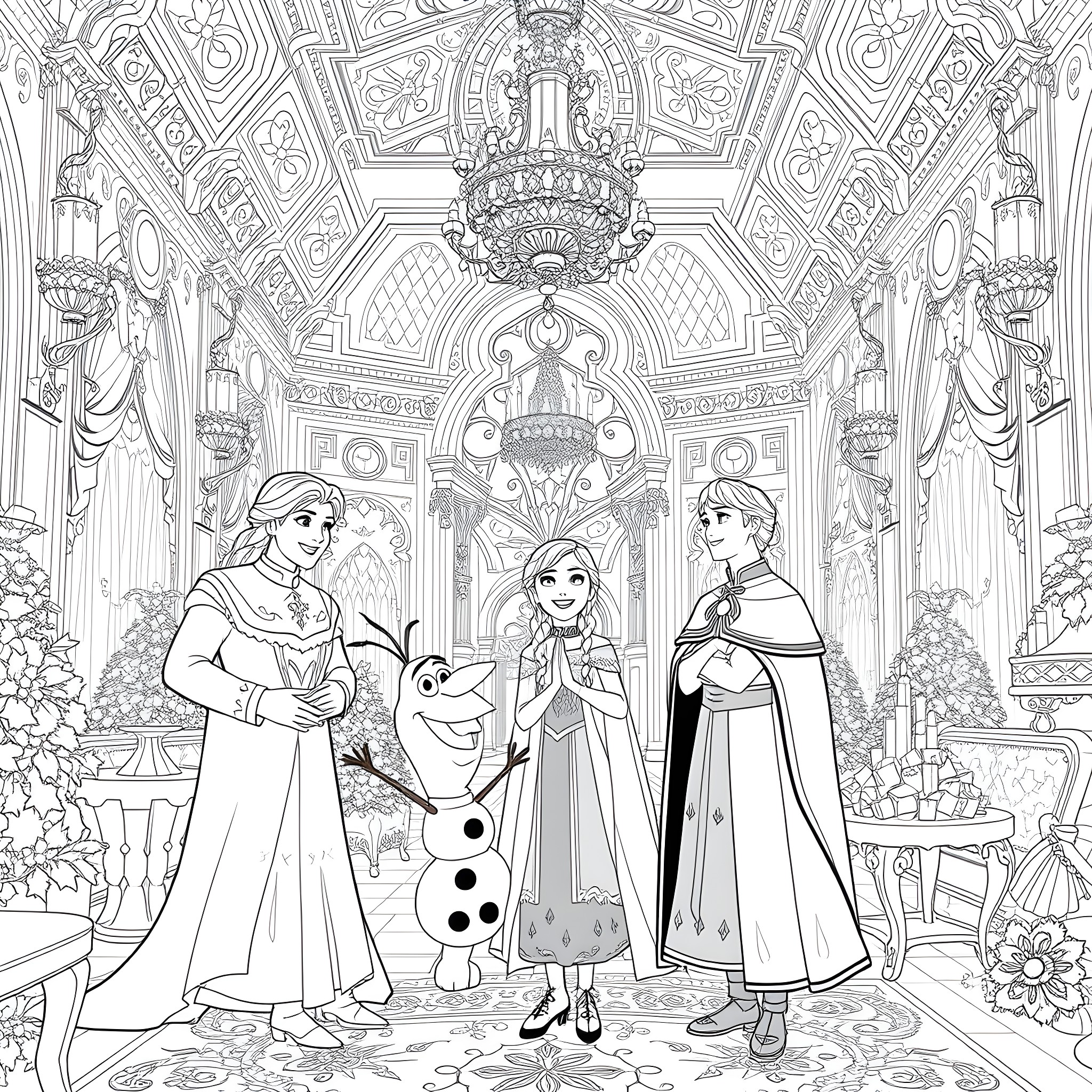 Elsa and her friends explore the enchanted palace Coloring Page (free black-and-white line drawing printable PDF for all, from beginners to advanced learners, including children, teens, adults, and seniors)