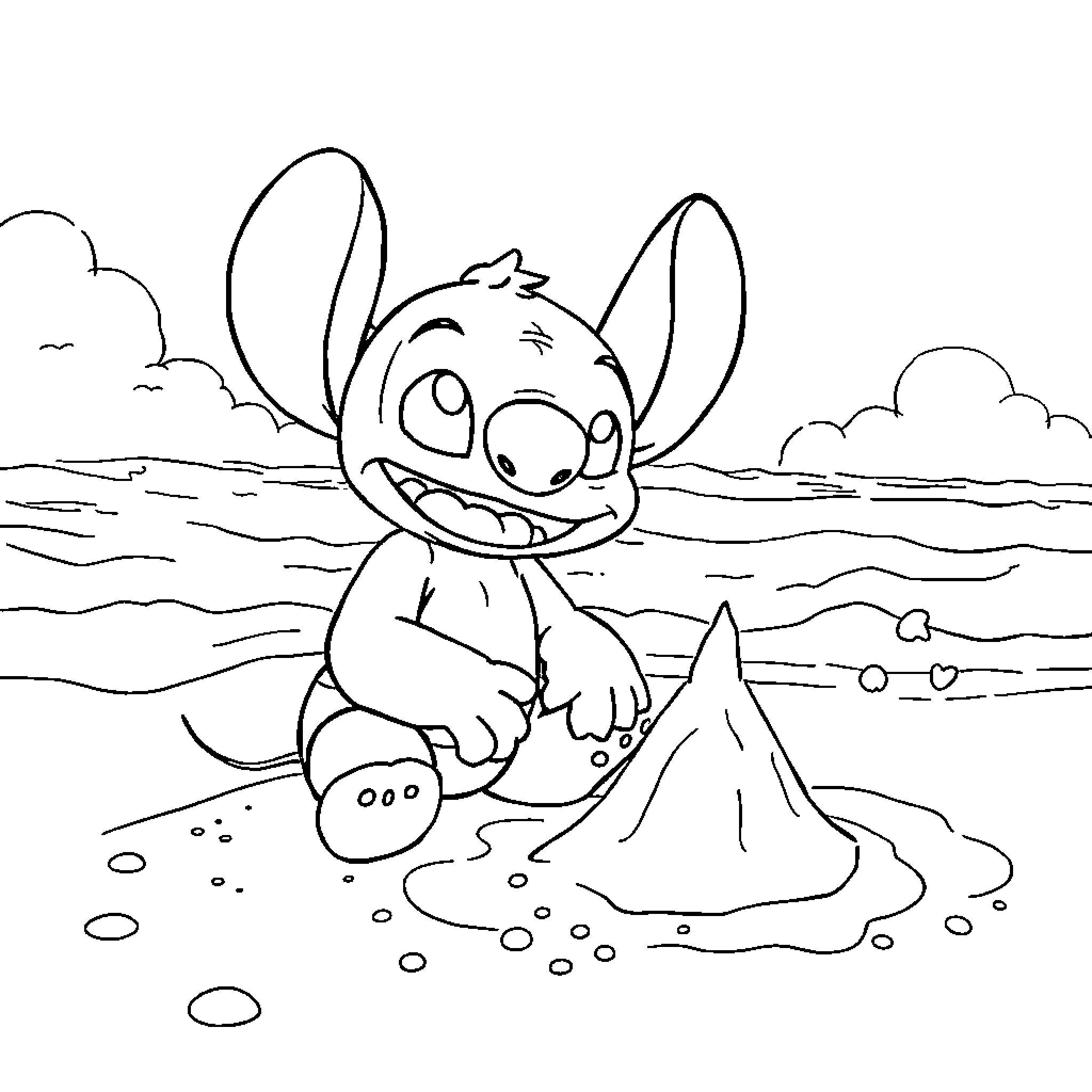 Stitch building a sandcastle on the beach Coloring Page (free black-and-white line drawing printable PDF for all, from beginners to advanced learners, including children, teens, adults, and seniors)