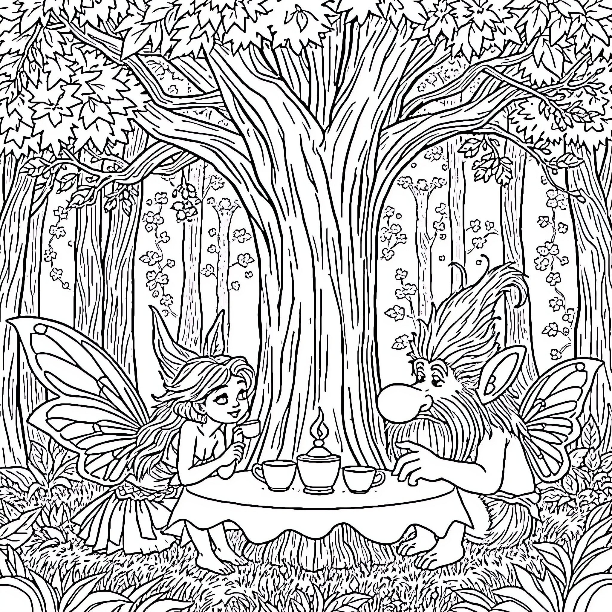 Fairy tea party in the enchanted forest Coloring Page (free black-and-white line drawing printable PDF for all, from beginners to advanced learners, including children, teens, adults, and seniors)