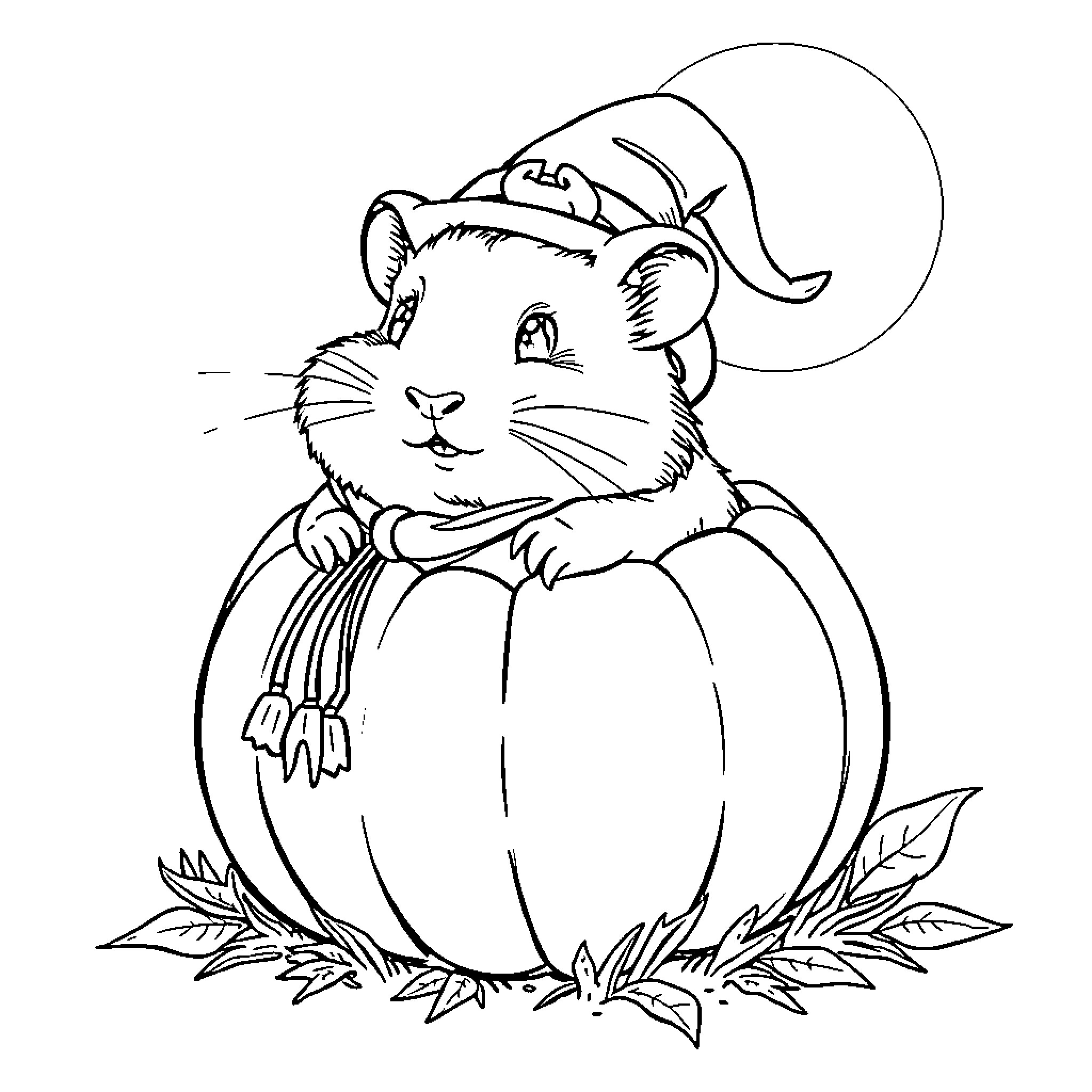 Hamster in pumpkin costume Coloring Page (free black-and-white line drawing printable PDF for all, from beginners to advanced learners, including children, teens, adults, and seniors)