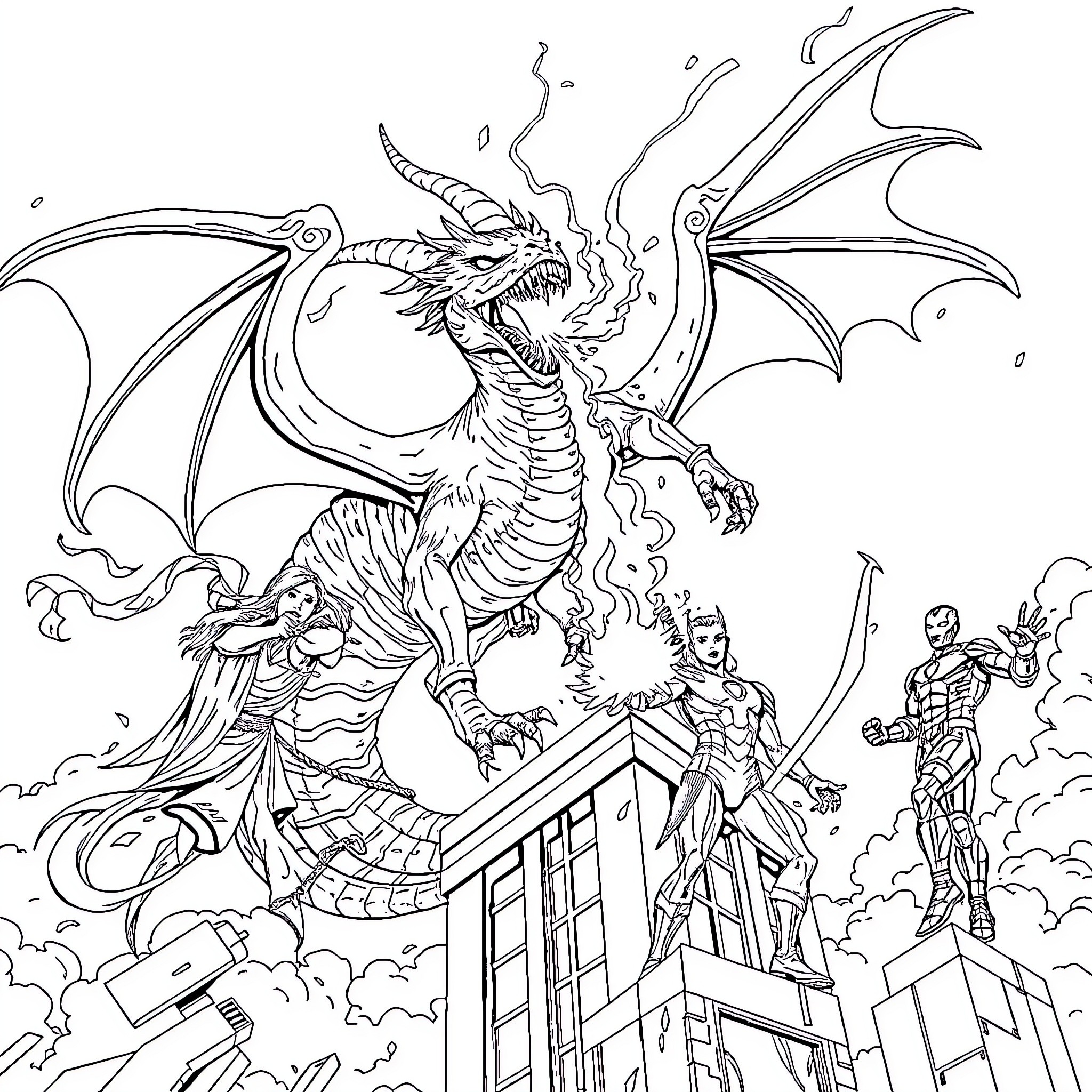 Dragon Battles Superheroes in Fiery Cityscape Coloring Page (free black-and-white line drawing printable PDF for all, from beginners to advanced learners, including children, teens, adults, and seniors)