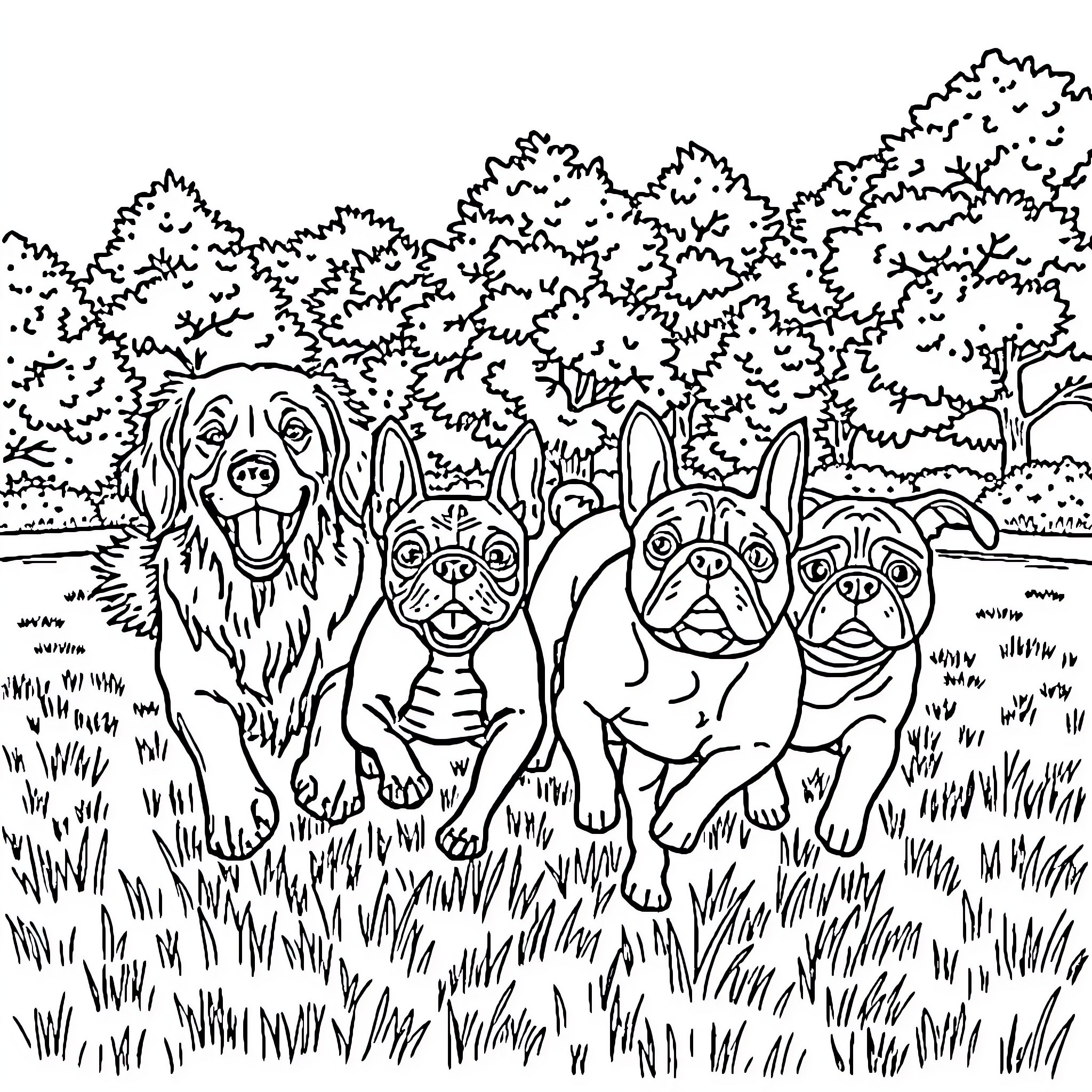Dog friends exploring the outdoor woods Coloring Page (free black-and-white line drawing printable PDF for all, from beginners to advanced learners, including children, teens, adults, and seniors)