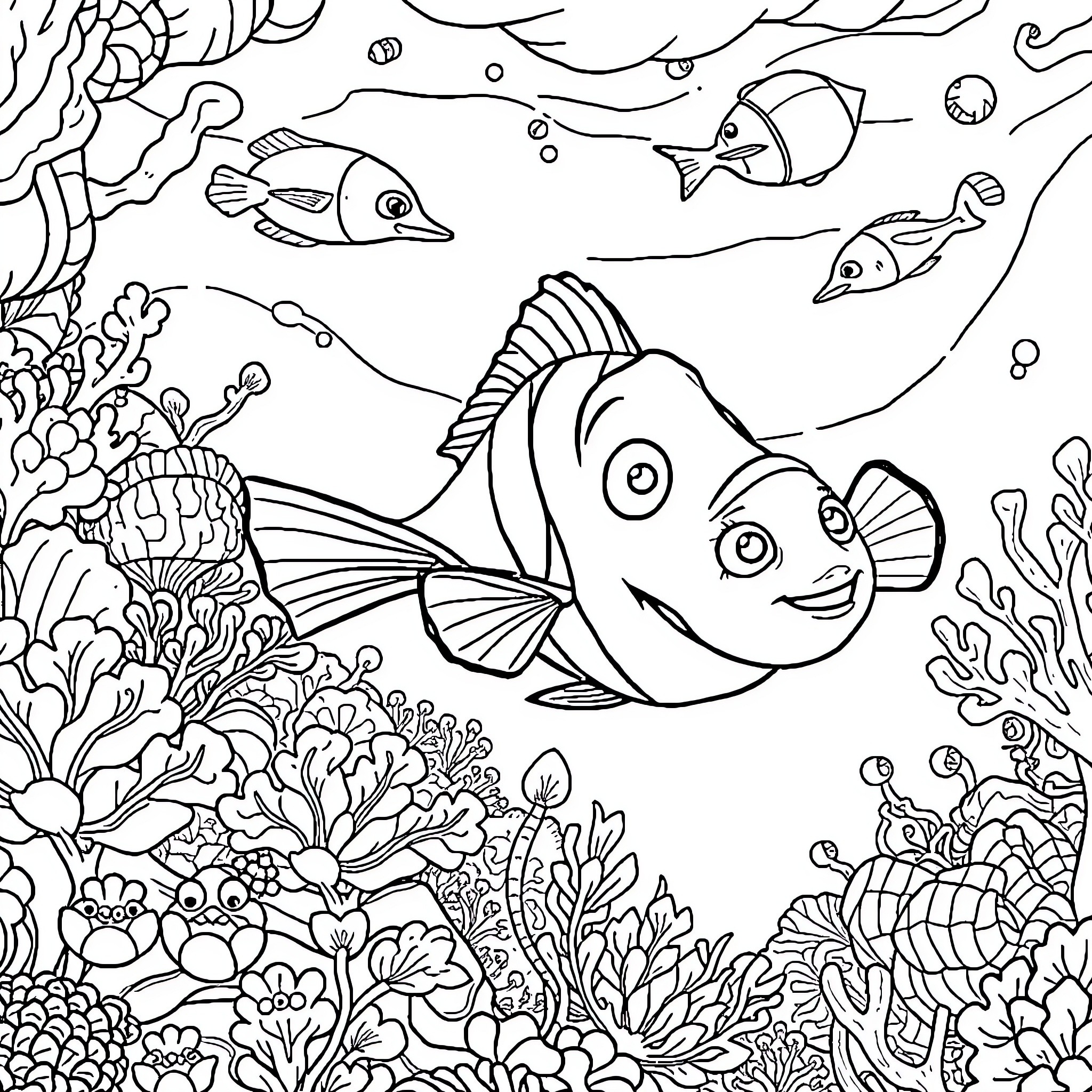 Nemo's Underwater Adventure with Vibrant Coral Reef Coloring Page (free black-and-white line drawing printable PDF for all, from beginners to advanced learners, including children, teens, adults, and seniors)