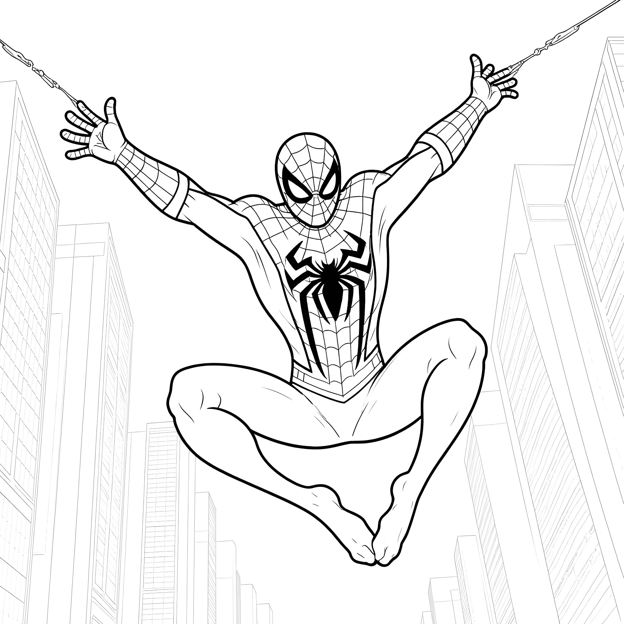 Spiderman leaping heroically through the city skyline Coloring Page (free black-and-white line drawing printable PDF for all, from beginners to advanced learners, including children, teens, adults, and seniors)