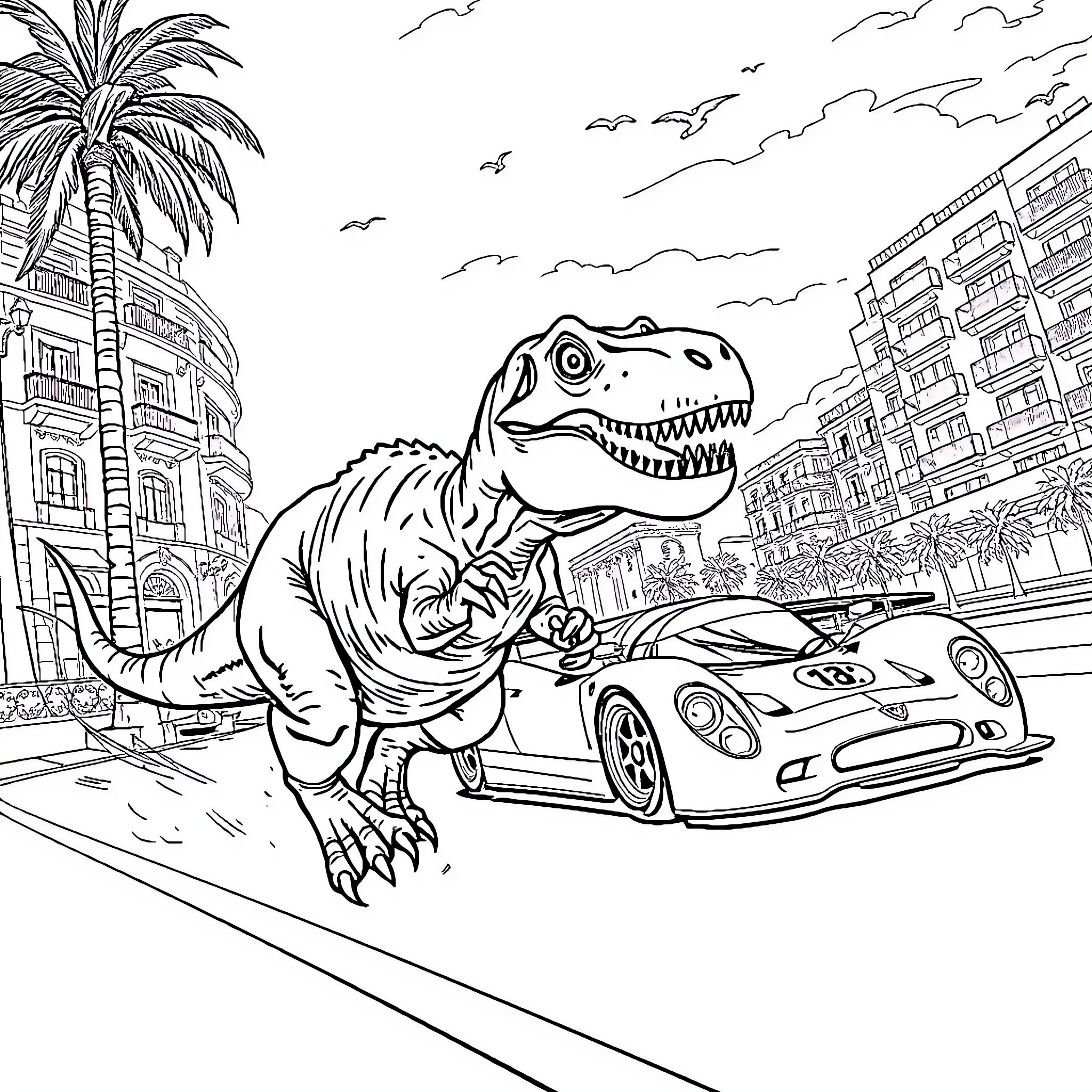 Dinosaur Encounters Modern City Landscape Coloring Page (free black-and-white line drawing printable PDF for all, from beginners to advanced learners, including children, teens, adults, and seniors)