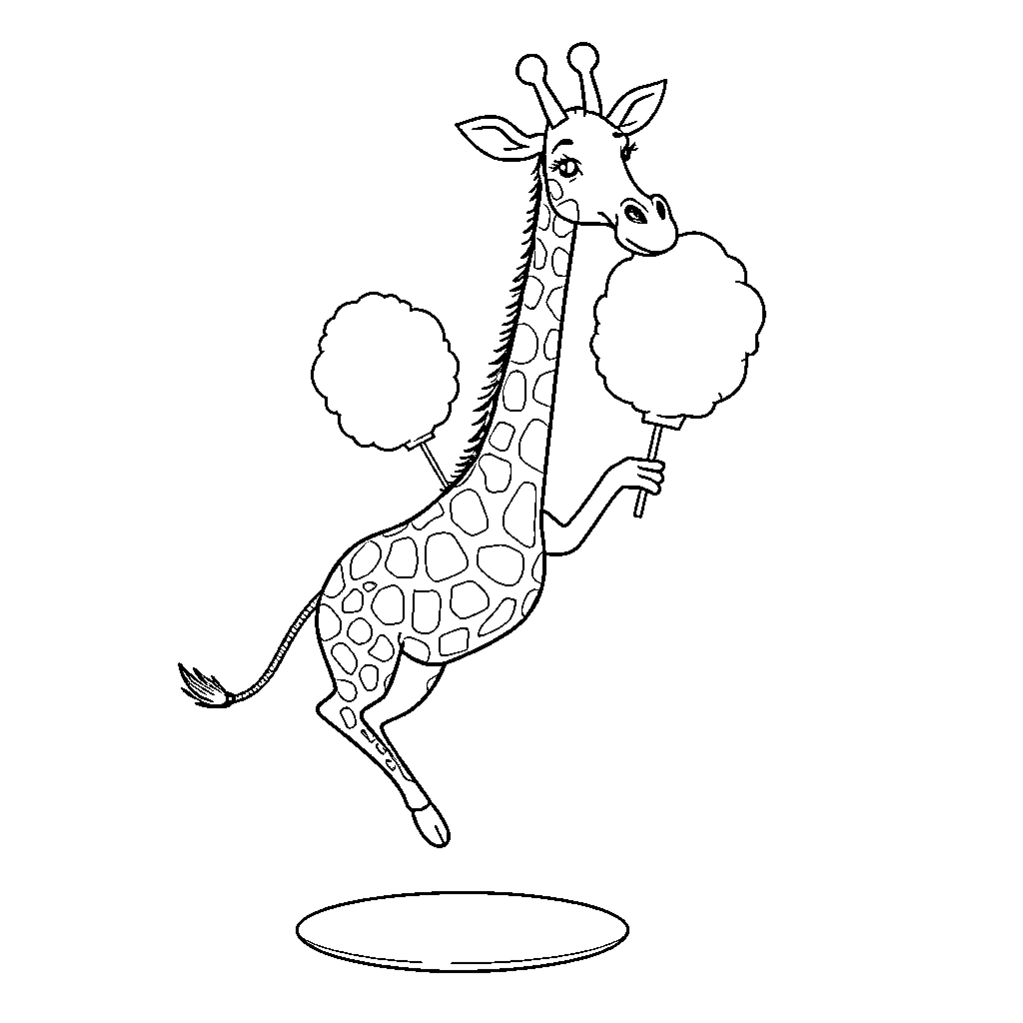 Giraffe jumping up with cotton candy Coloring Page (free black-and-white line drawing printable PDF for all, from beginners to advanced learners, including children, teens, adults, and seniors)