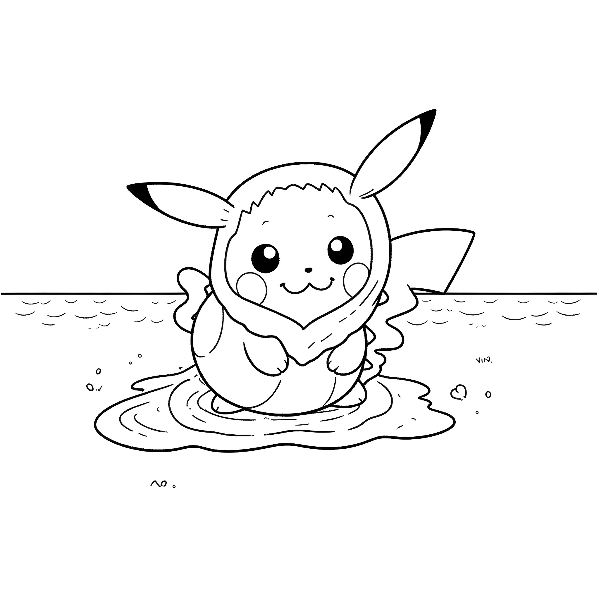 Pikachu playing happily in the water Coloring Page (free black-and-white line drawing printable PDF for all, from beginners to advanced learners, including children, teens, adults, and seniors)