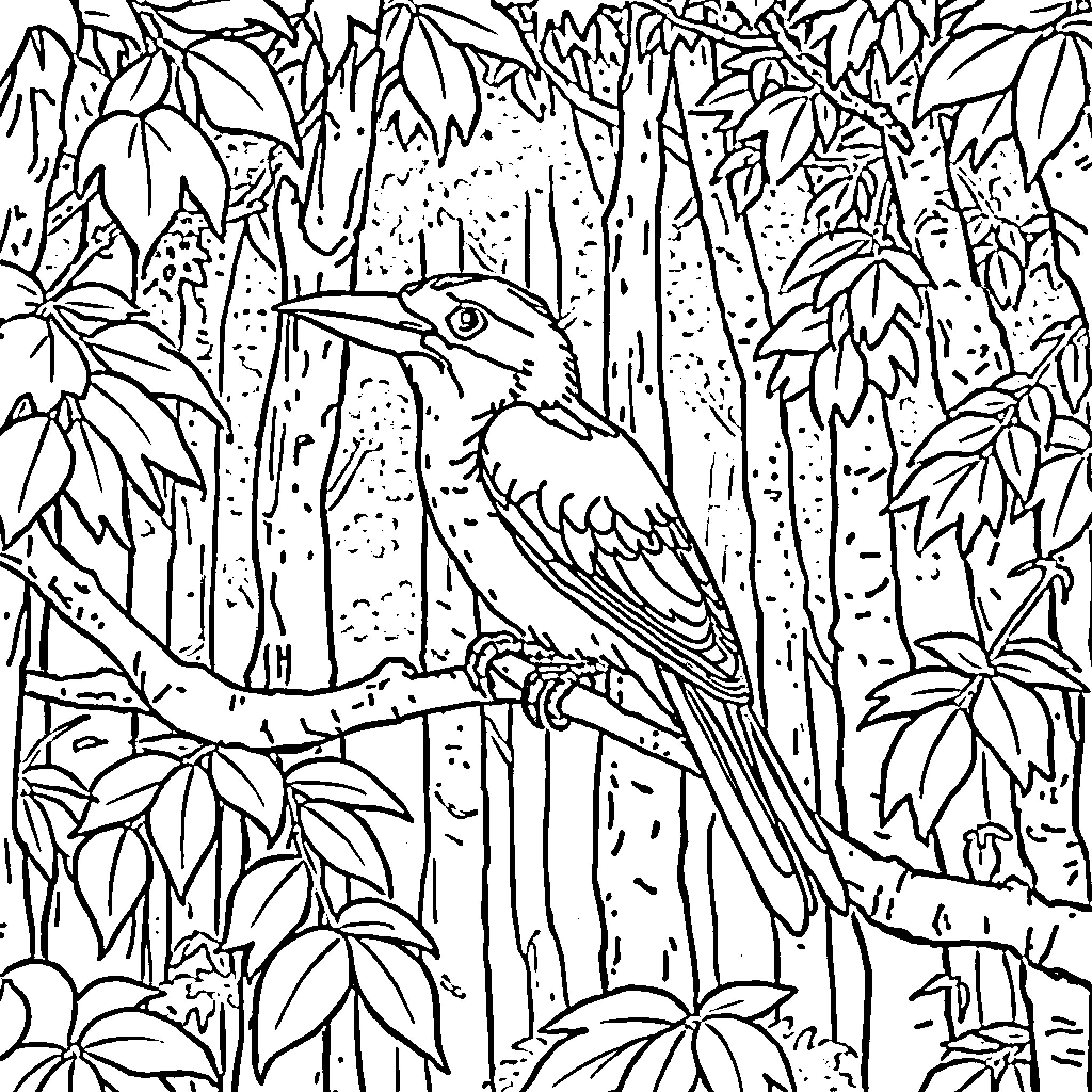 Parrot perched amidst lush foliage Coloring Page (free black-and-white line drawing printable PDF for all, from beginners to advanced learners, including children, teens, adults, and seniors)