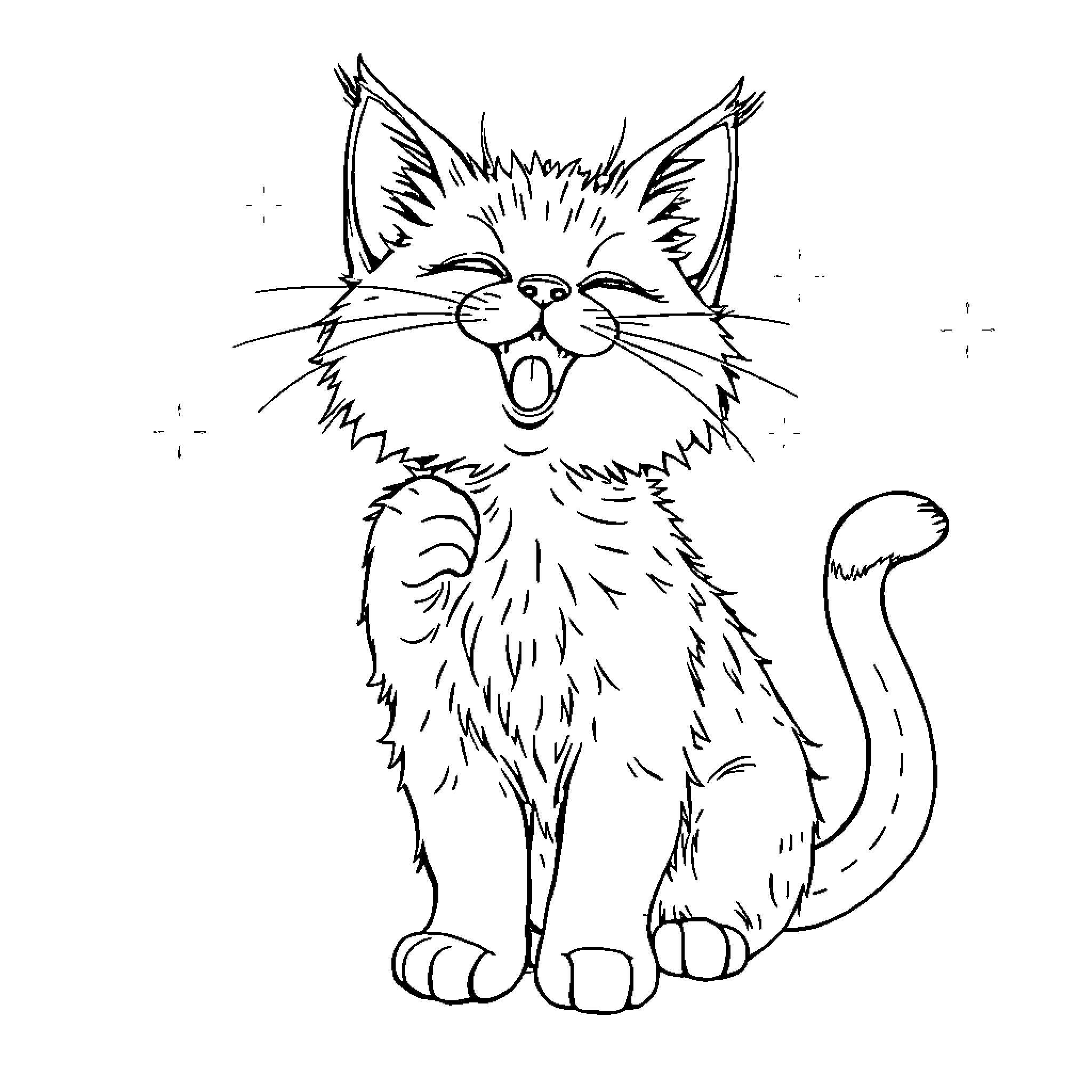 Cat with a silly expression Coloring Page (free black-and-white line drawing printable PDF for all, from beginners to advanced learners, including children, teens, adults, and seniors)