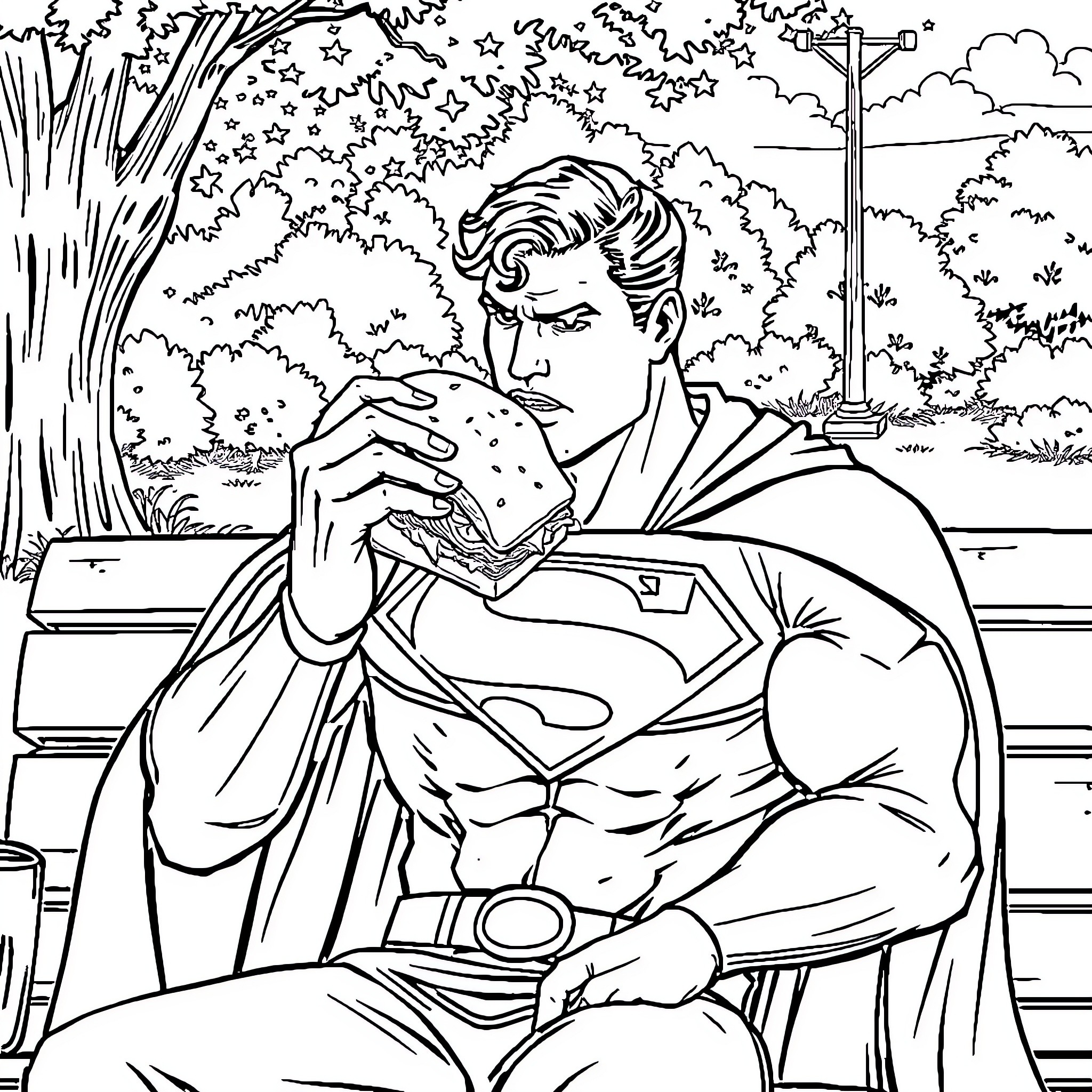 Superman relaxing and enjoying a sandwich in the park Coloring Page (free black-and-white line drawing printable PDF for all, from beginners to advanced learners, including children, teens, adults, and seniors)