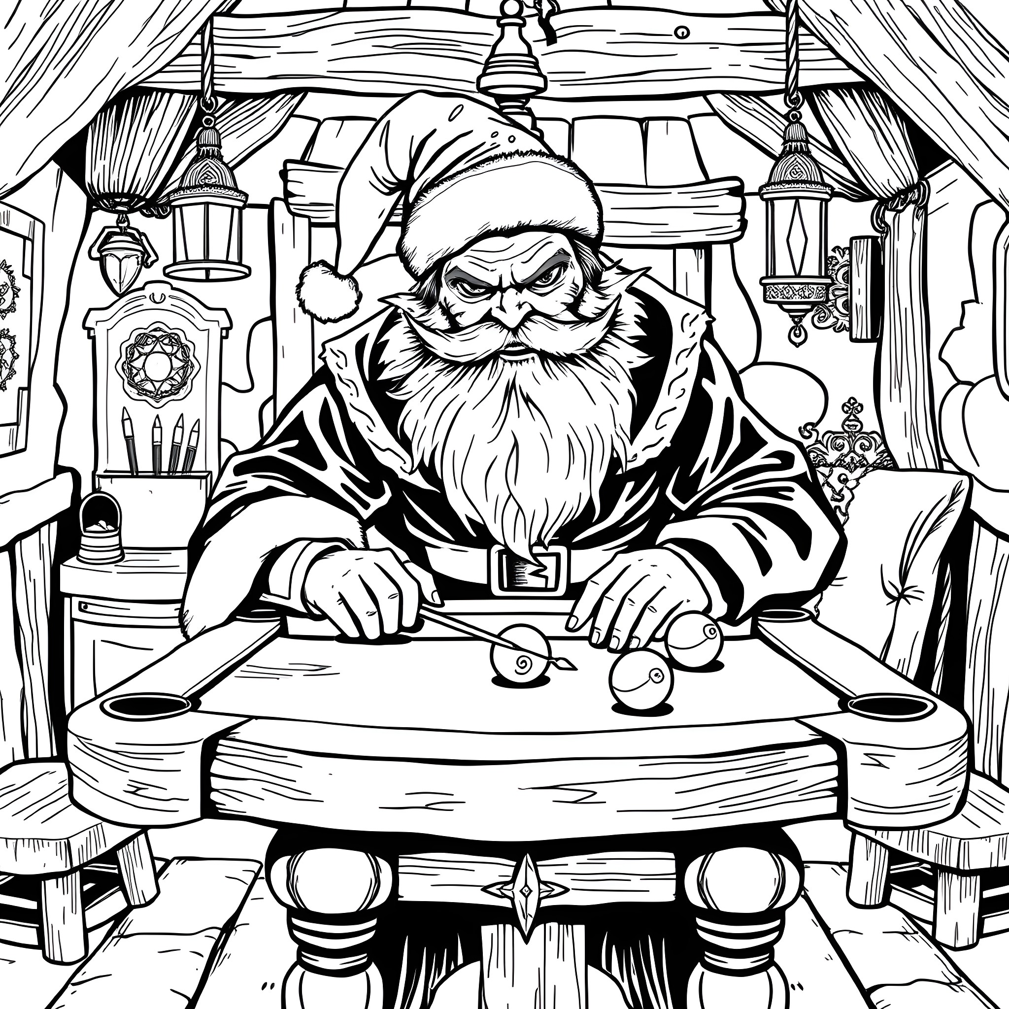 Santa working in his workshop Coloring Page (free black-and-white line drawing printable PDF for all, from beginners to advanced learners, including children, teens, adults, and seniors)