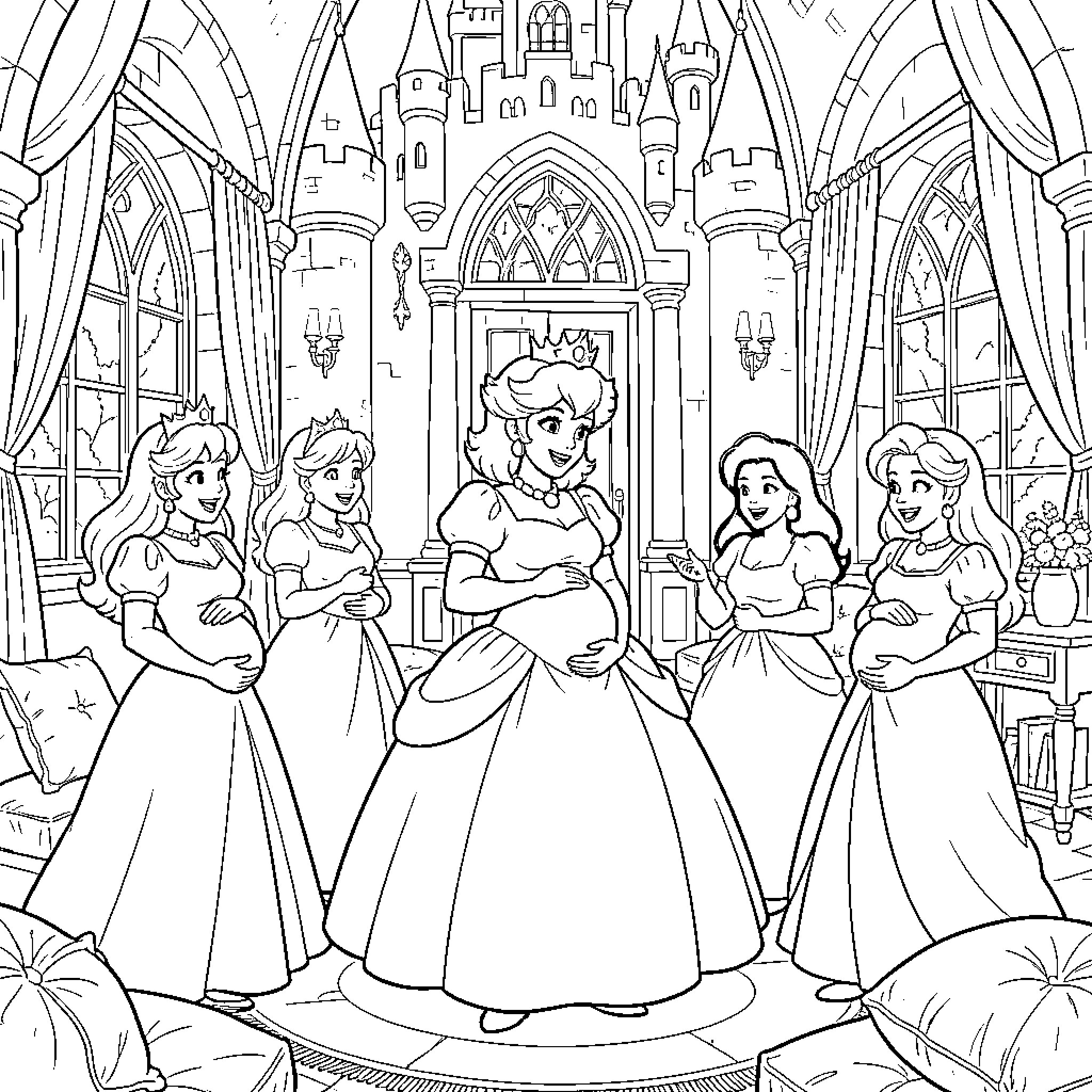 Princesses celebrating together in a grand palace ballroom Coloring Page (free black-and-white line drawing printable PDF for all, from beginners to advanced learners, including children, teens, adults, and seniors)