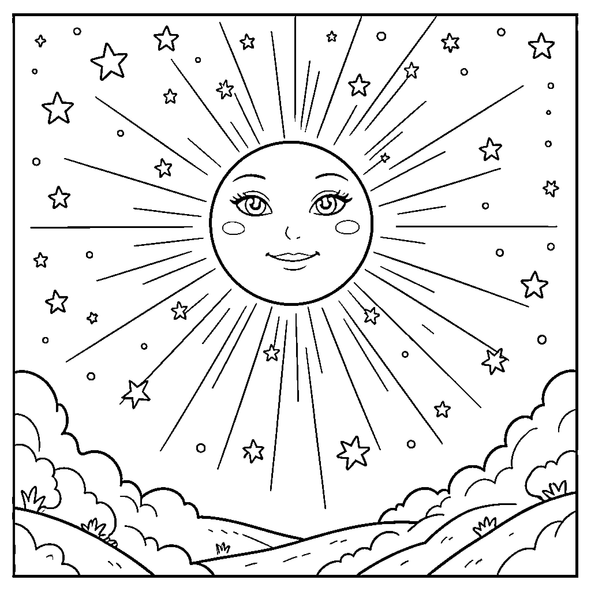 Luna's Celestial Radiance Coloring Page (free black-and-white line drawing printable PDF for all, from beginners to advanced learners, including children, teens, adults, and seniors)