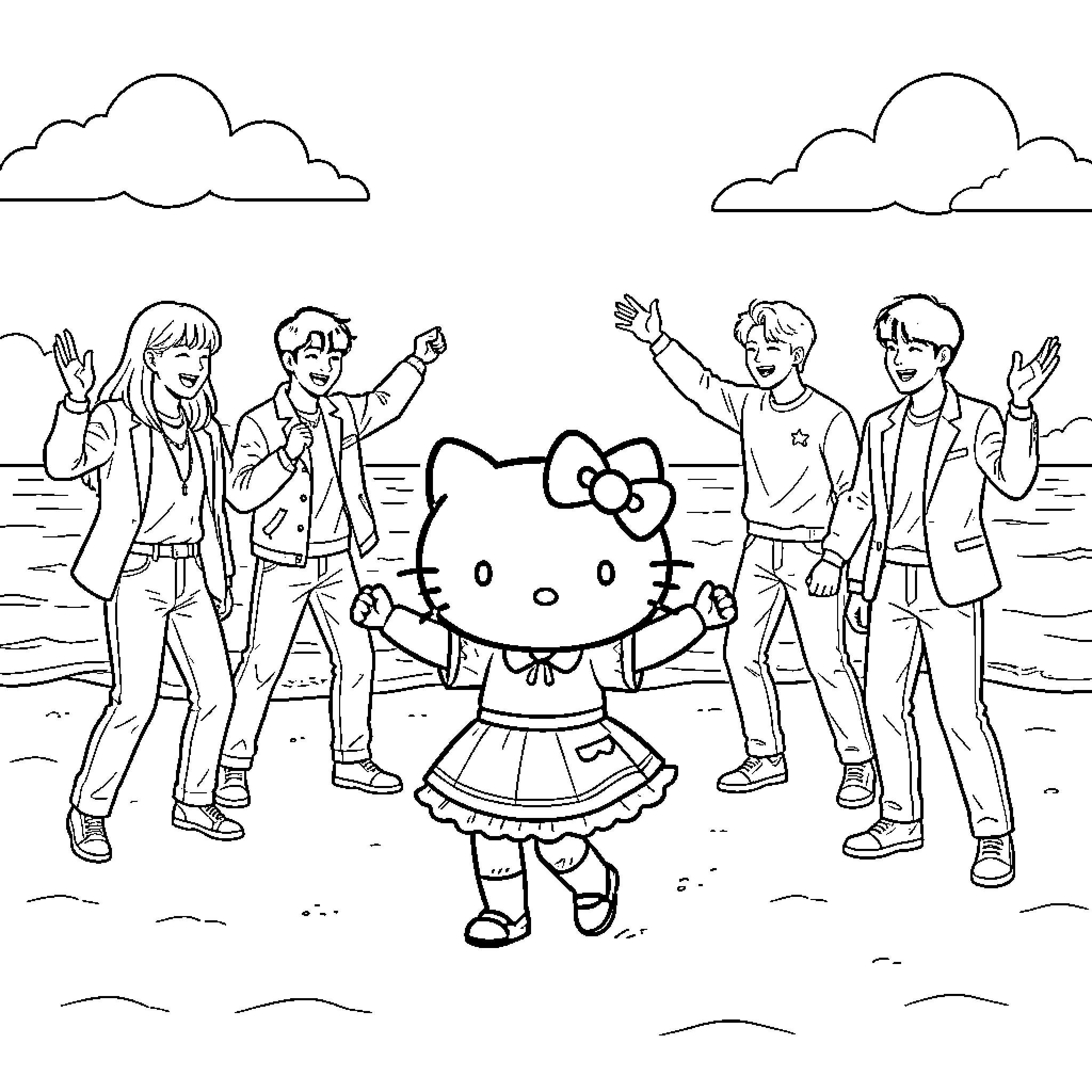 KORUMI and friends dancing happily on the beach Coloring Page (free black-and-white line drawing printable PDF for all, from beginners to advanced learners, including children, teens, adults, and seniors)