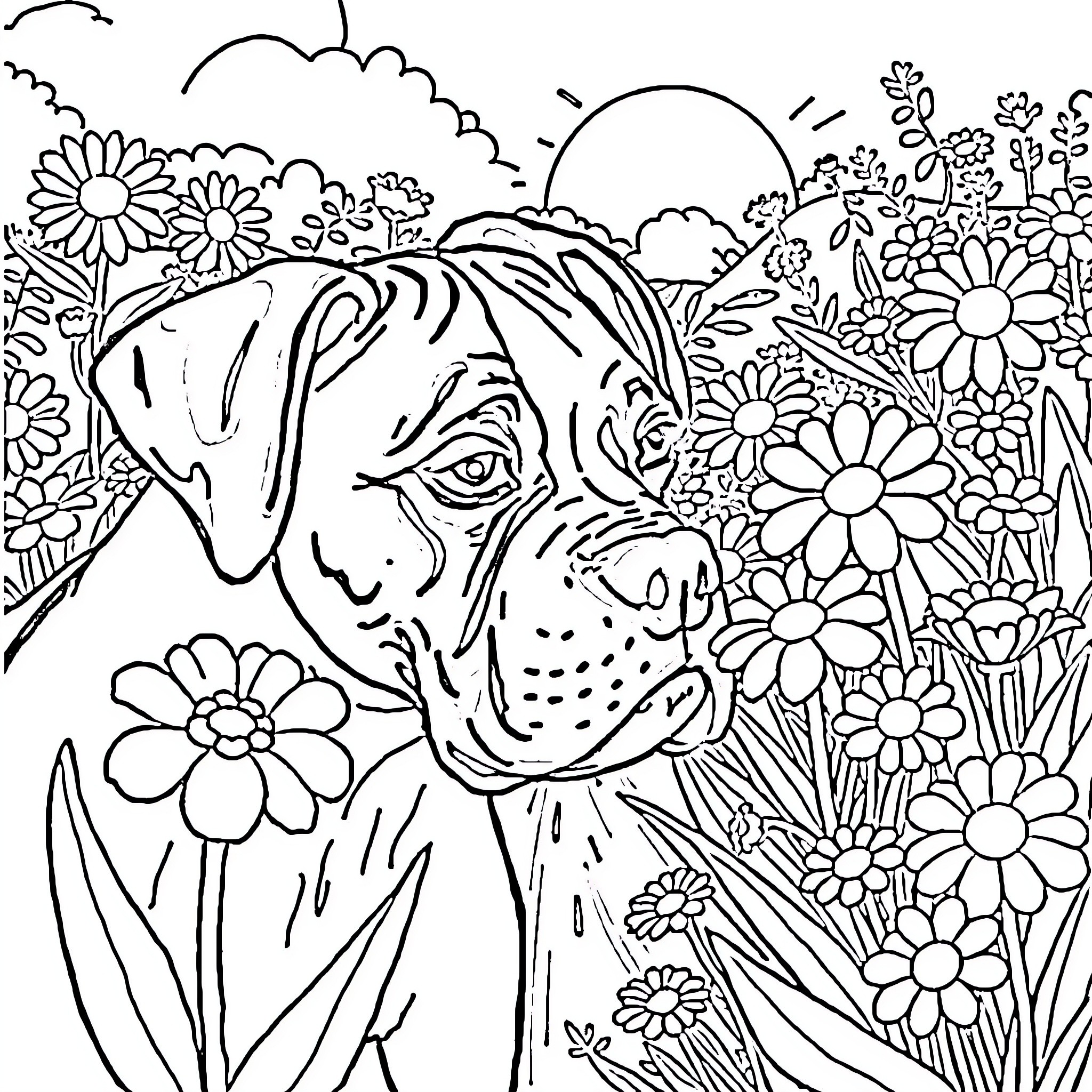 Boxer relaxing in a blooming garden Coloring Page (free black-and-white line drawing printable PDF for all, from beginners to advanced learners, including children, teens, adults, and seniors)