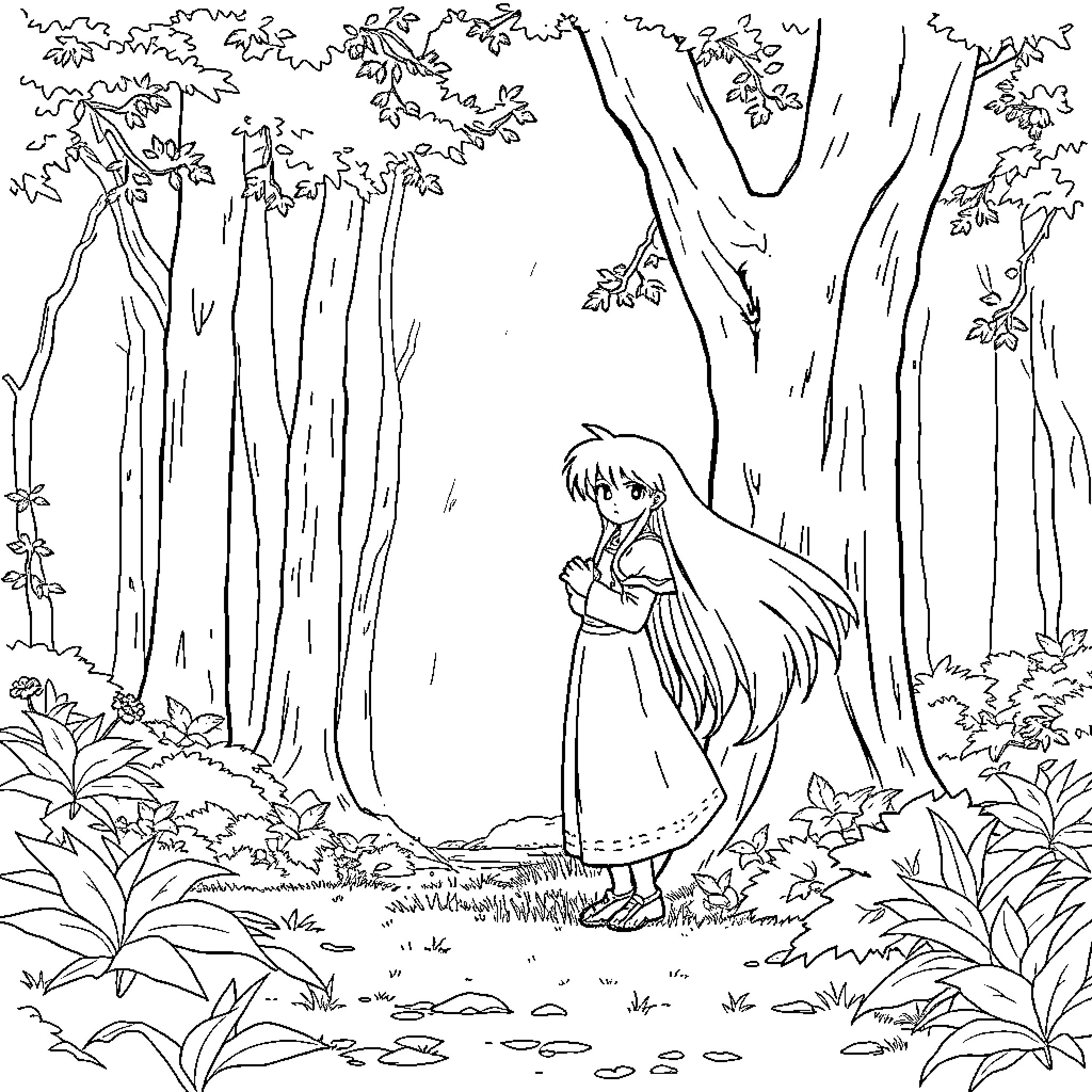 Inuyasha exploring the mysterious forest Coloring Page (free black-and-white line drawing printable PDF for all, from beginners to advanced learners, including children, teens, adults, and seniors)