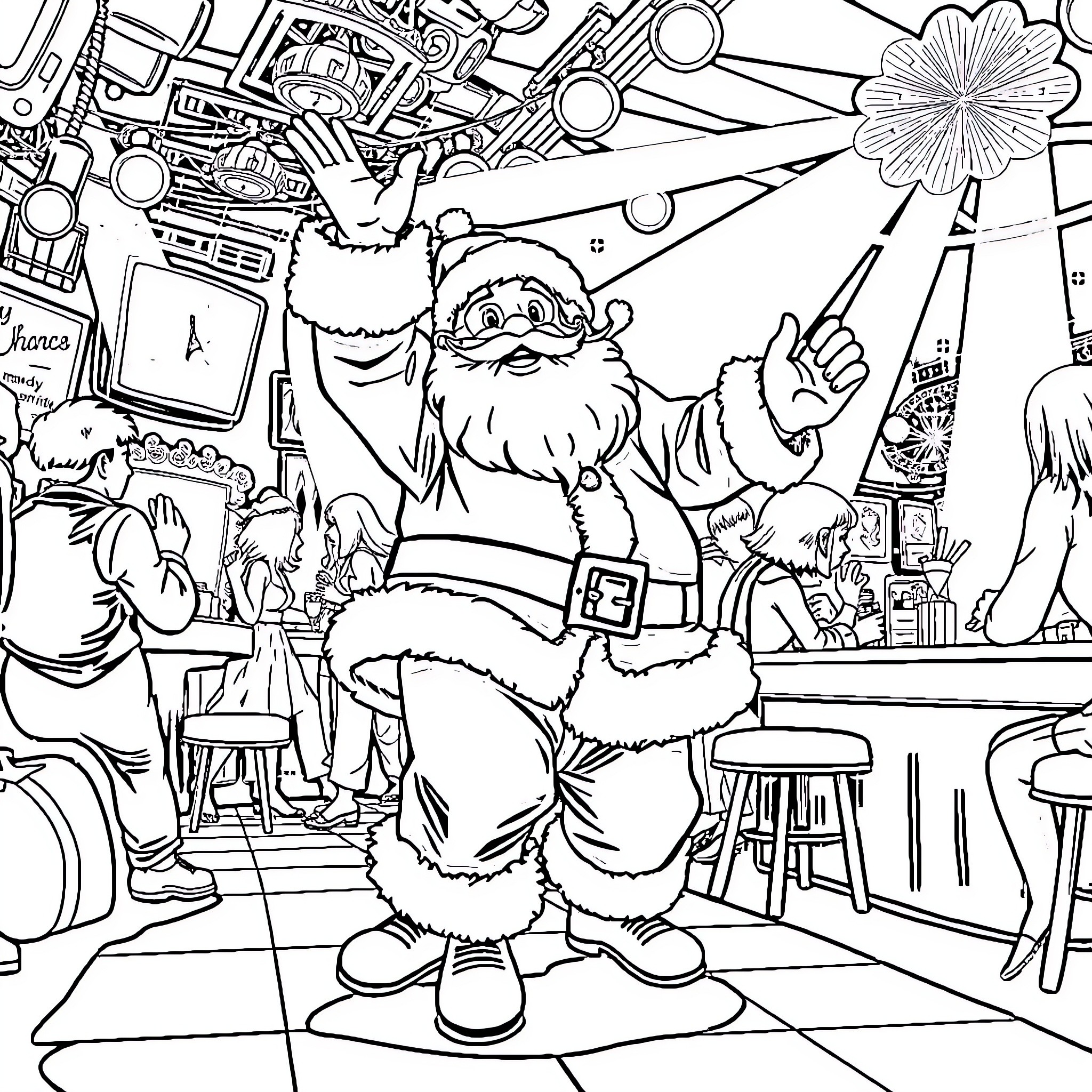 Santa Claus Celebrating in a Festive Scene Coloring Page (free black-and-white line drawing printable PDF for all, from beginners to advanced learners, including children, teens, adults, and seniors)