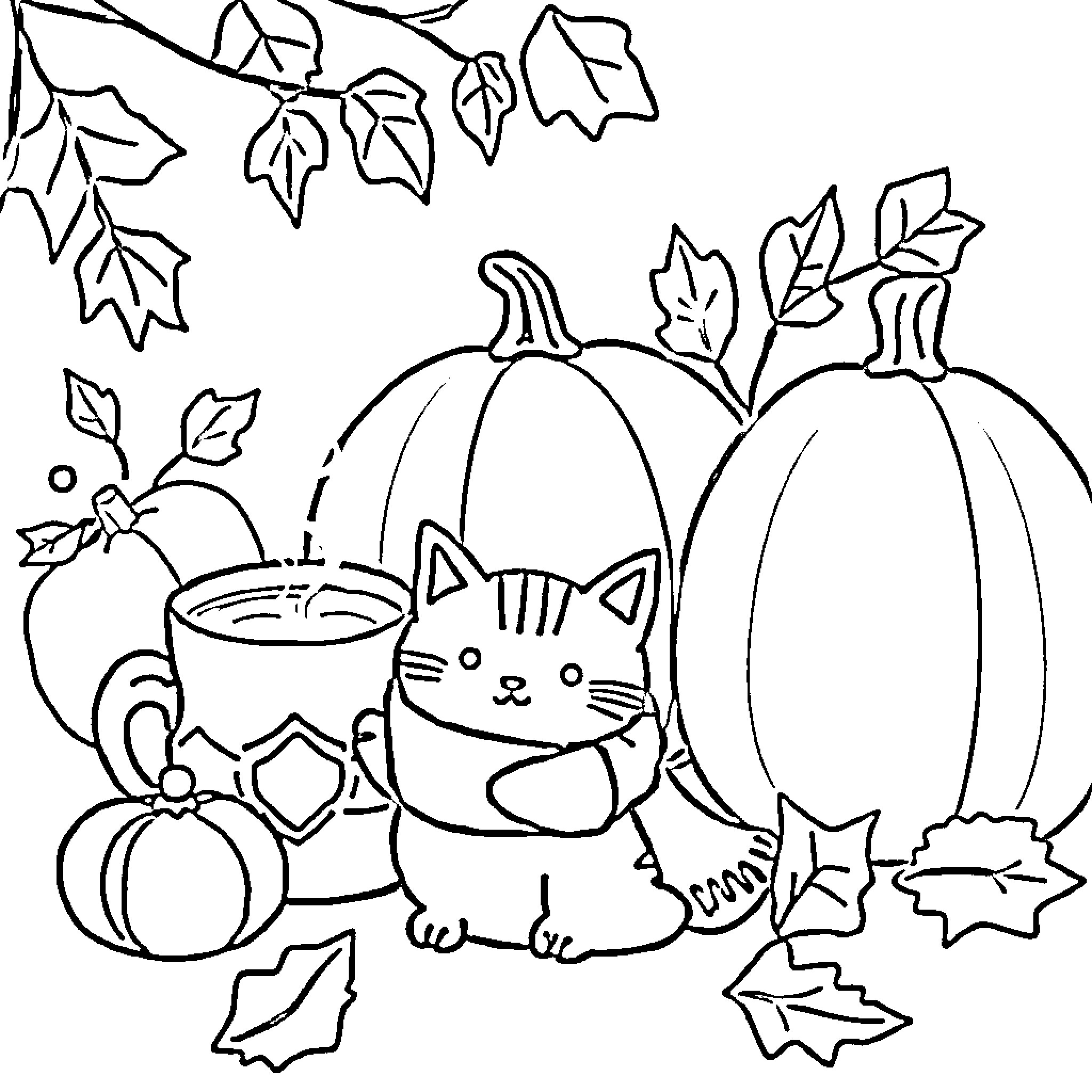 Autumn Kitty and Pumpkins Coloring Page (free black-and-white line drawing printable PDF for all, from beginners to advanced learners, including children, teens, adults, and seniors)