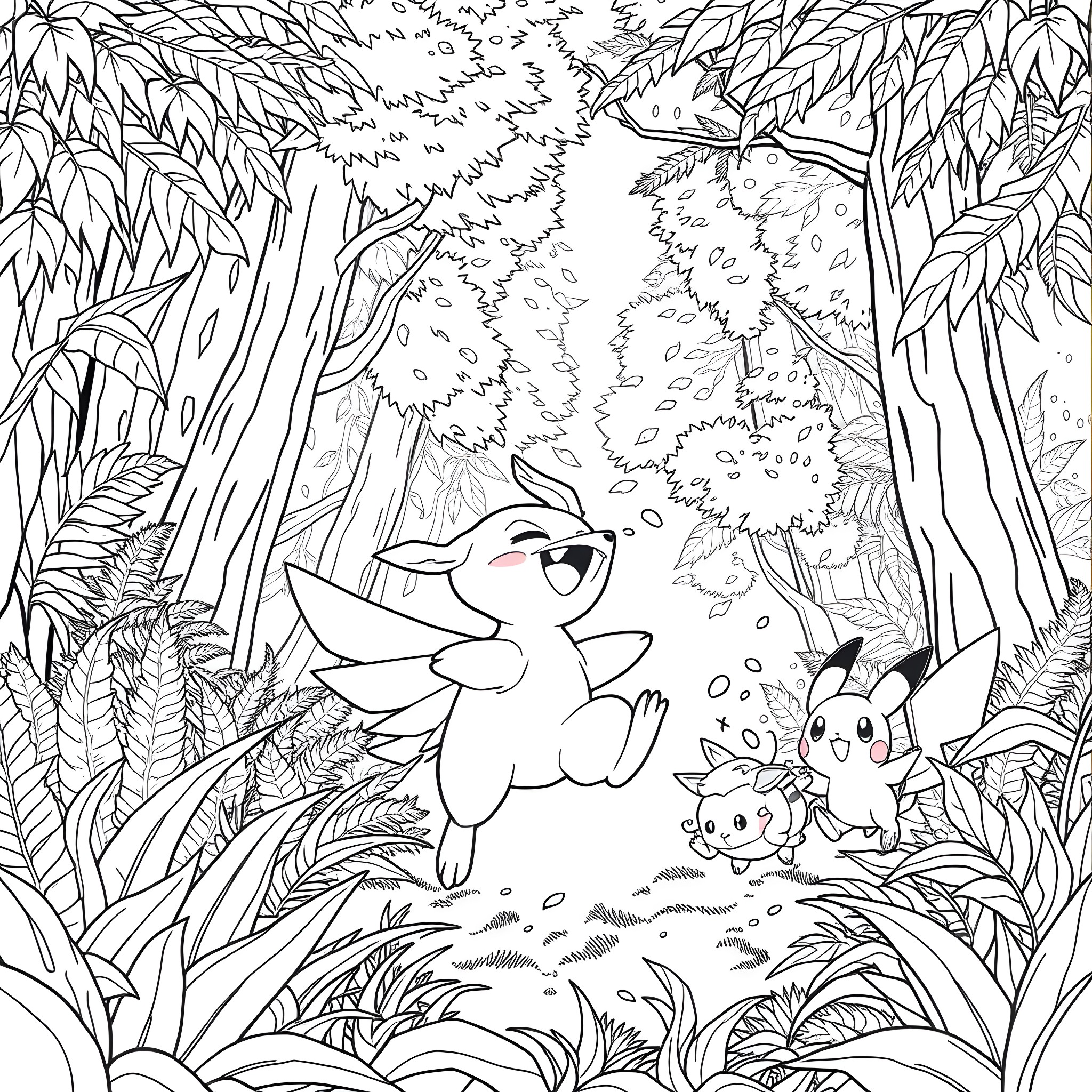Joltik playing happily in the dense forest Coloring Page (free black-and-white line drawing printable PDF for all, from beginners to advanced learners, including children, teens, adults, and seniors)