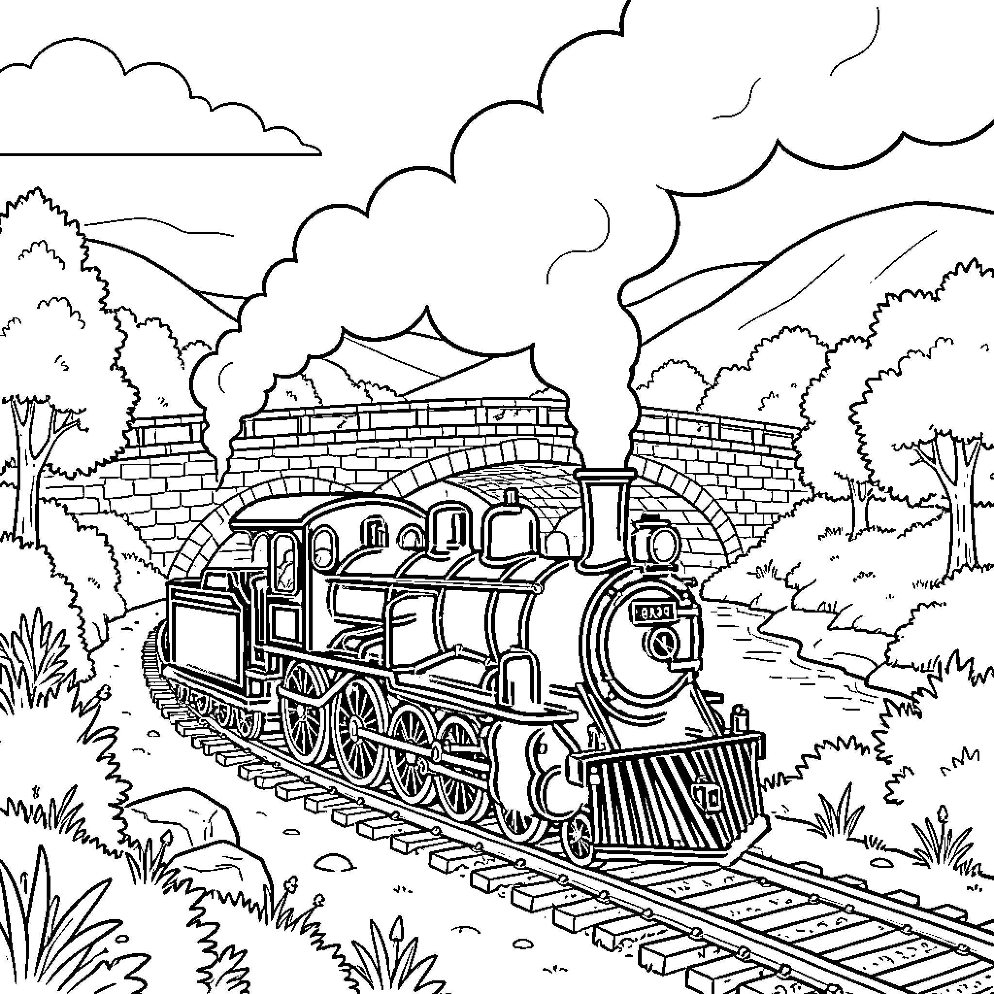 Locomotive traversing through a scenic landscape Coloring Page (free black-and-white line drawing printable PDF for all, from beginners to advanced learners, including children, teens, adults, and seniors)