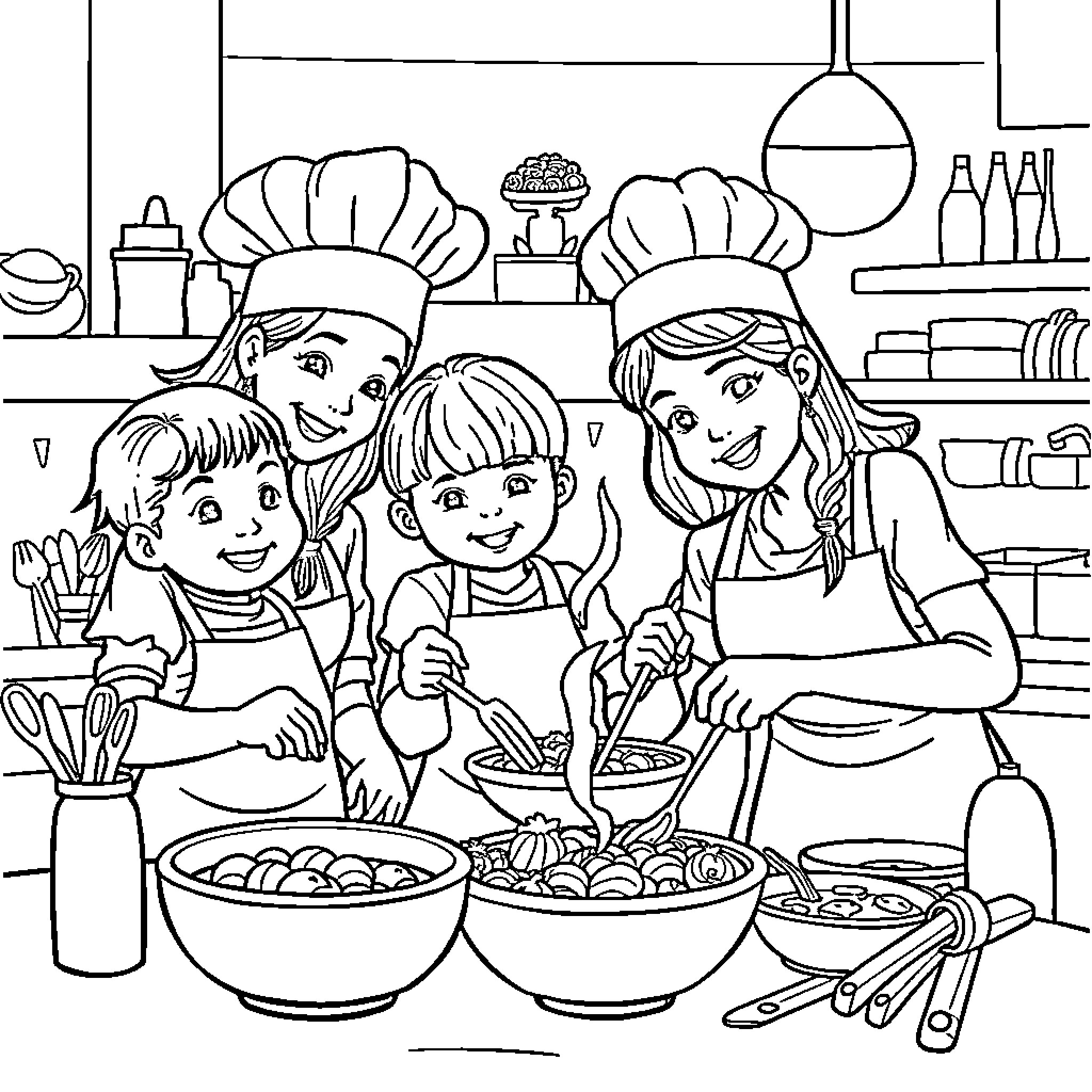 Cooking with family in the kitchen Coloring Page (free black-and-white line drawing printable PDF for all, from beginners to advanced learners, including children, teens, adults, and seniors)