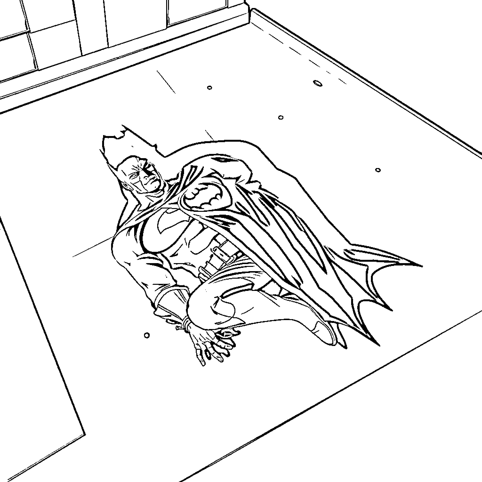 Batman crouching in a dark room Coloring Page (free black-and-white line drawing printable PDF for all, from beginners to advanced learners, including children, teens, adults, and seniors)