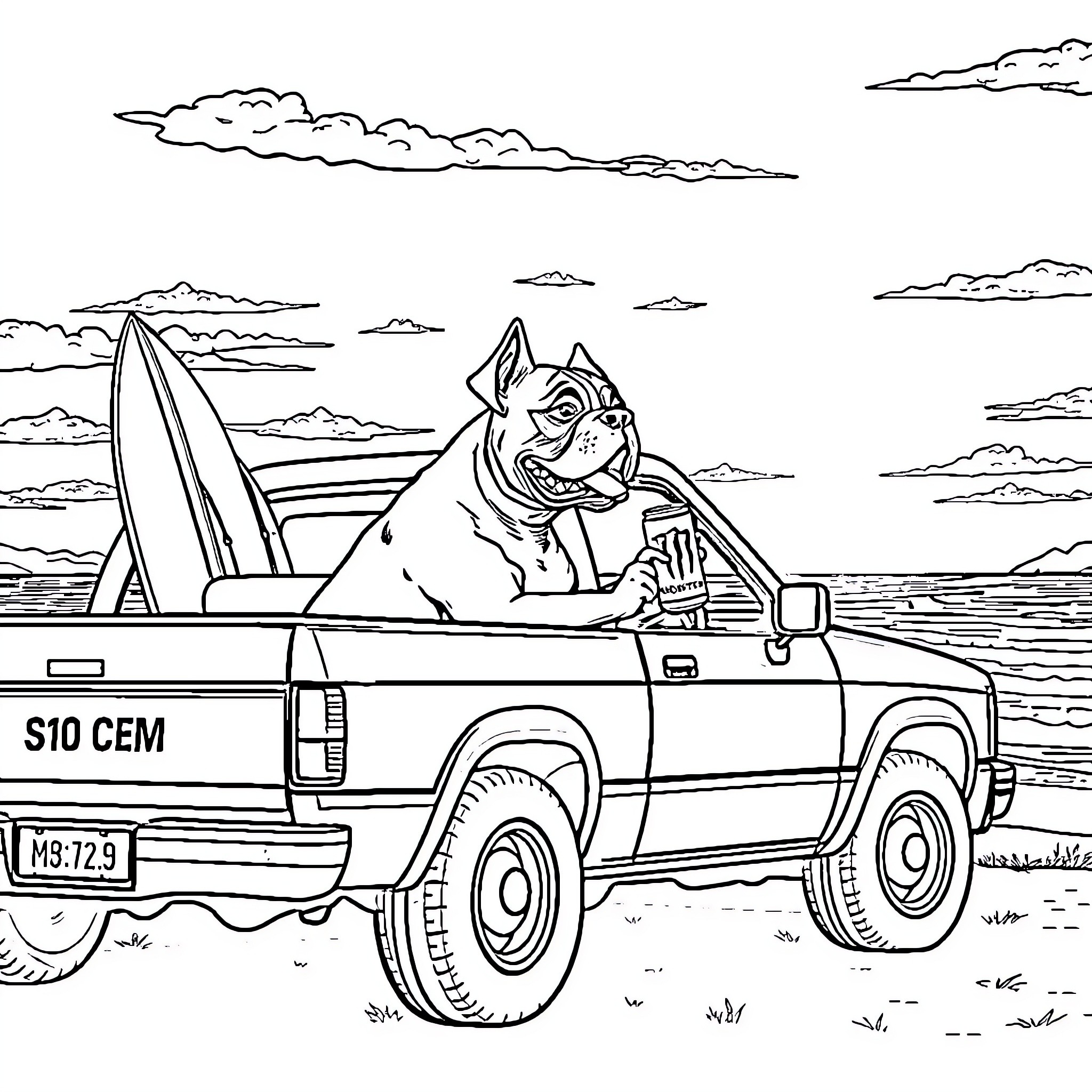Boxer dog rides happily in pickup truck with surfboard Coloring Page (free black-and-white line drawing printable PDF for all, from beginners to advanced learners, including children, teens, adults, and seniors)