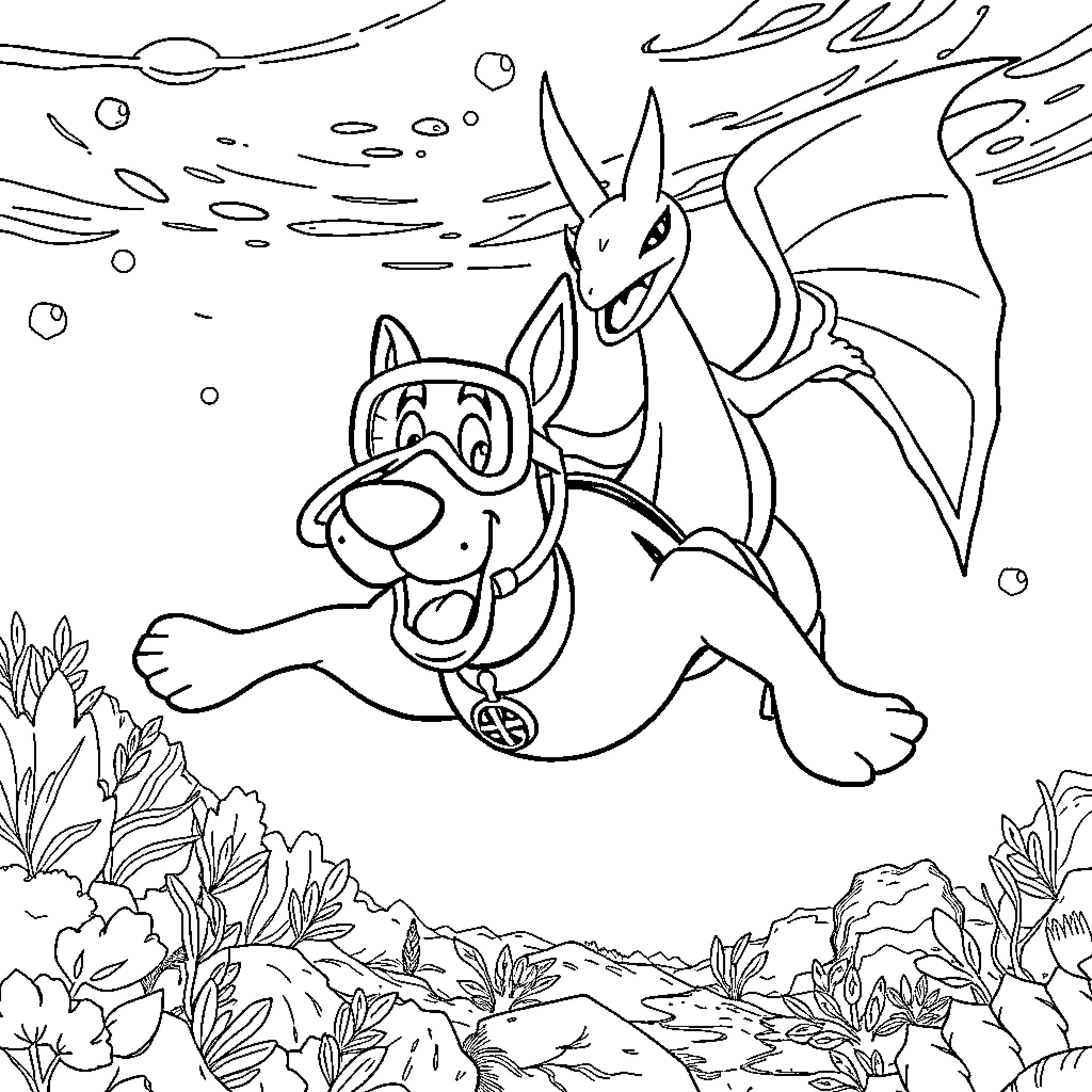 Scooby Doo Scuba Diving with Dragon Coloring Page (free black-and-white line drawing printable PDF for all, from beginners to advanced learners, including children, teens, adults, and seniors)