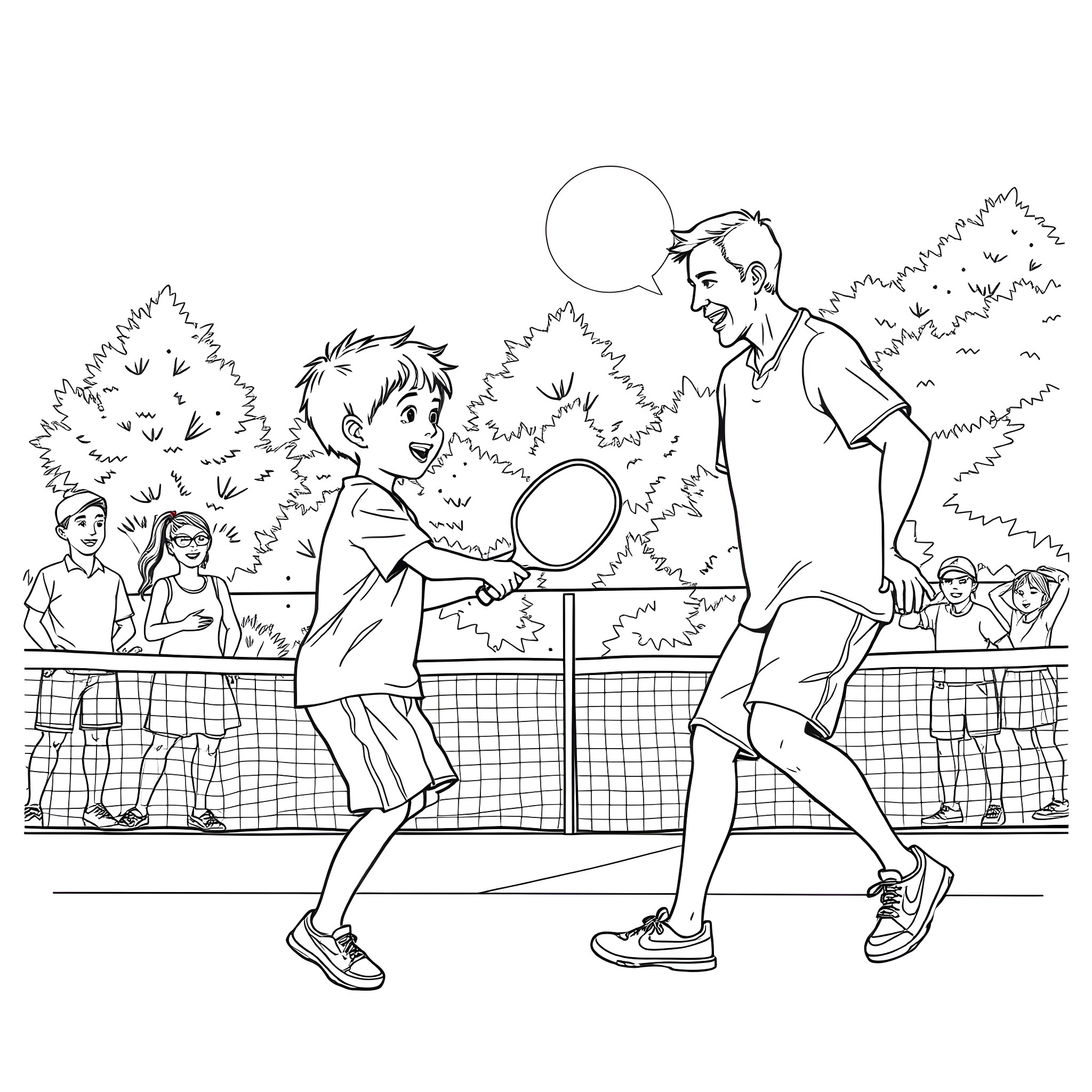 Boy playing tennis with coach on court Coloring Page (free black-and-white line drawing printable PDF for all, from beginners to advanced learners, including children, teens, adults, and seniors)