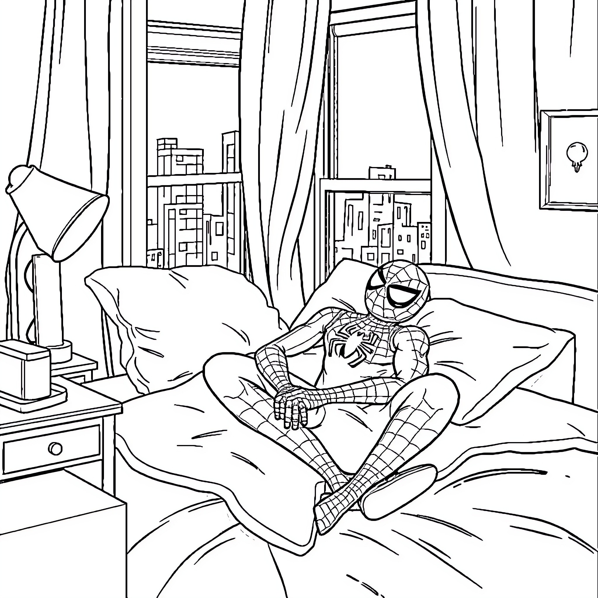 Spider-Man relaxing at home Coloring Page (free black-and-white line drawing printable PDF for all, from beginners to advanced learners, including children, teens, adults, and seniors)