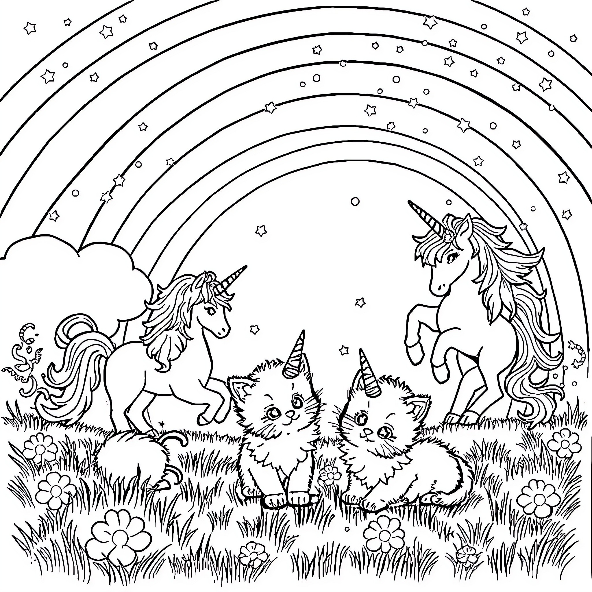 Kittens playing with unicorns in a magical meadow Coloring Page (free black-and-white line drawing printable PDF for all, from beginners to advanced learners, including children, teens, adults, and seniors)