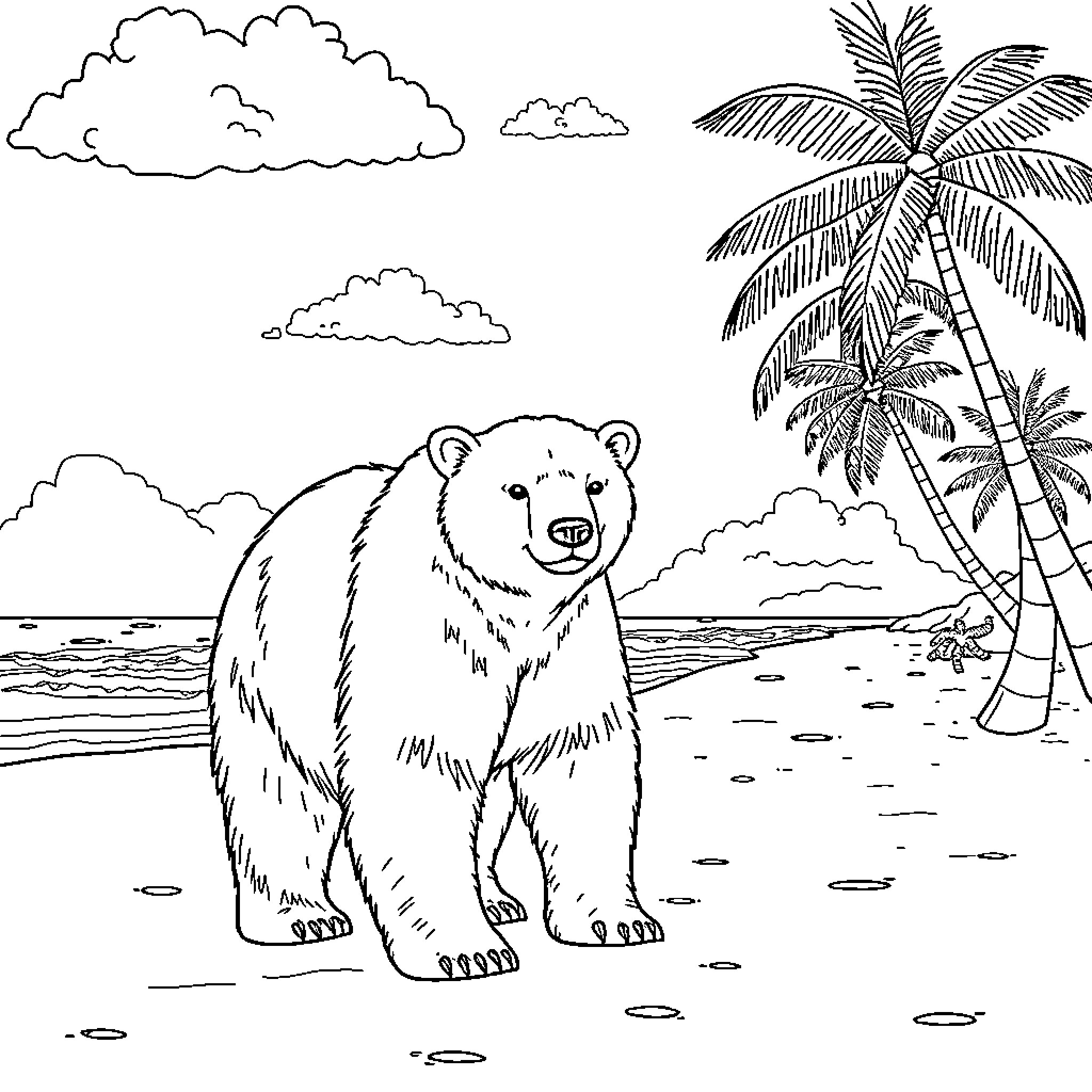 Polar Bear on a Tropical Beach Coloring Page (free black-and-white line drawing printable PDF for all, from beginners to advanced learners, including children, teens, adults, and seniors)