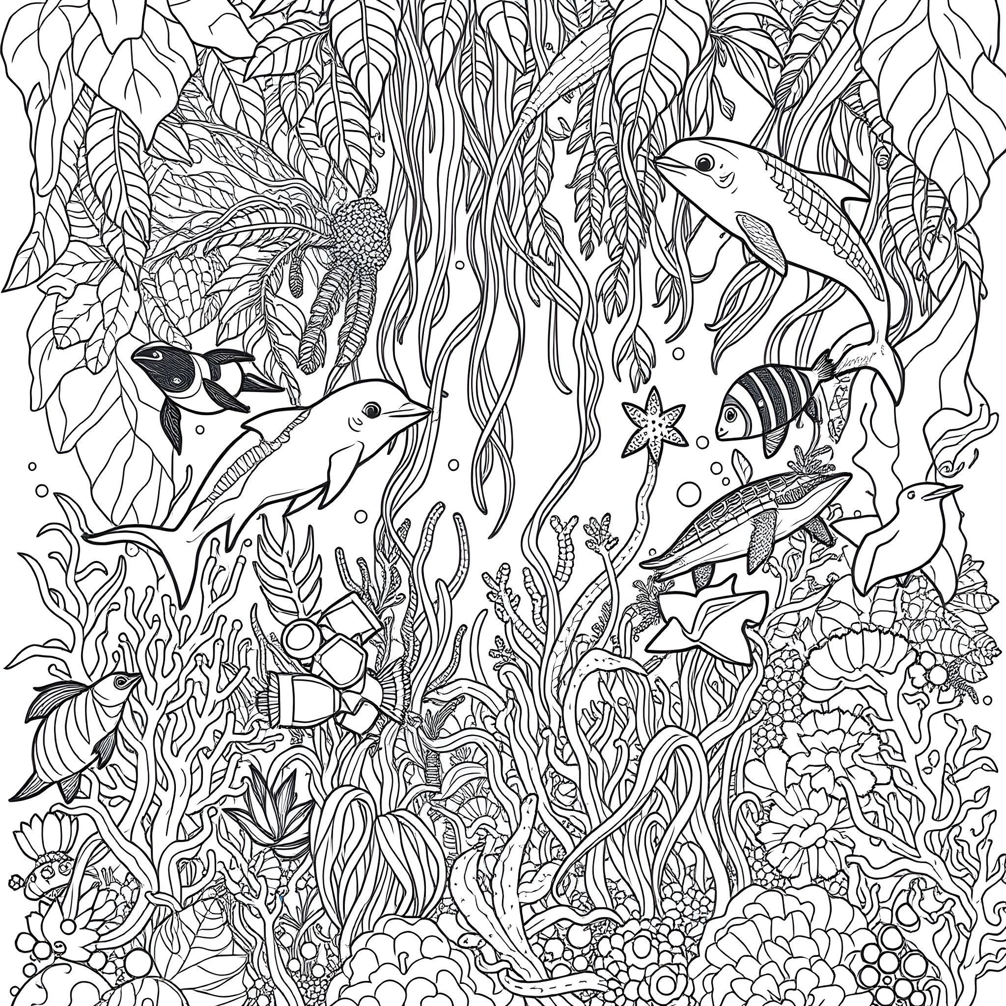 Animal life in the underwater garden Coloring Page (free black-and-white line drawing printable PDF for all, from beginners to advanced learners, including children, teens, adults, and seniors)