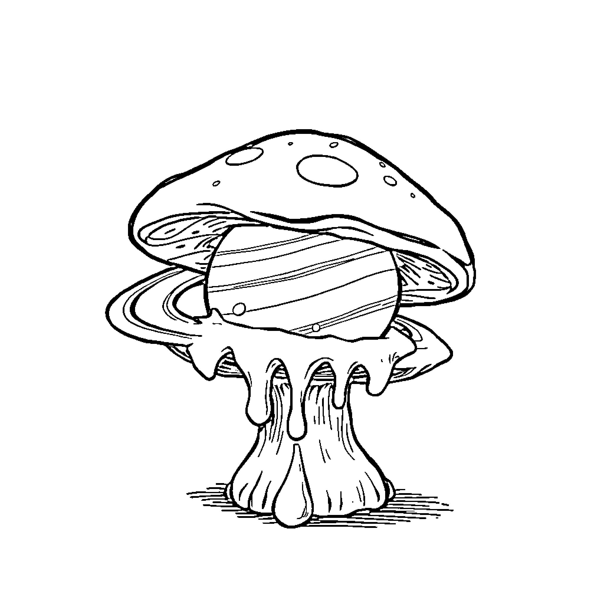Mushroom with psychedelic patterns and dripping caps Coloring Page (free black-and-white line drawing printable PDF for all, from beginners to advanced learners, including children, teens, adults, and seniors)