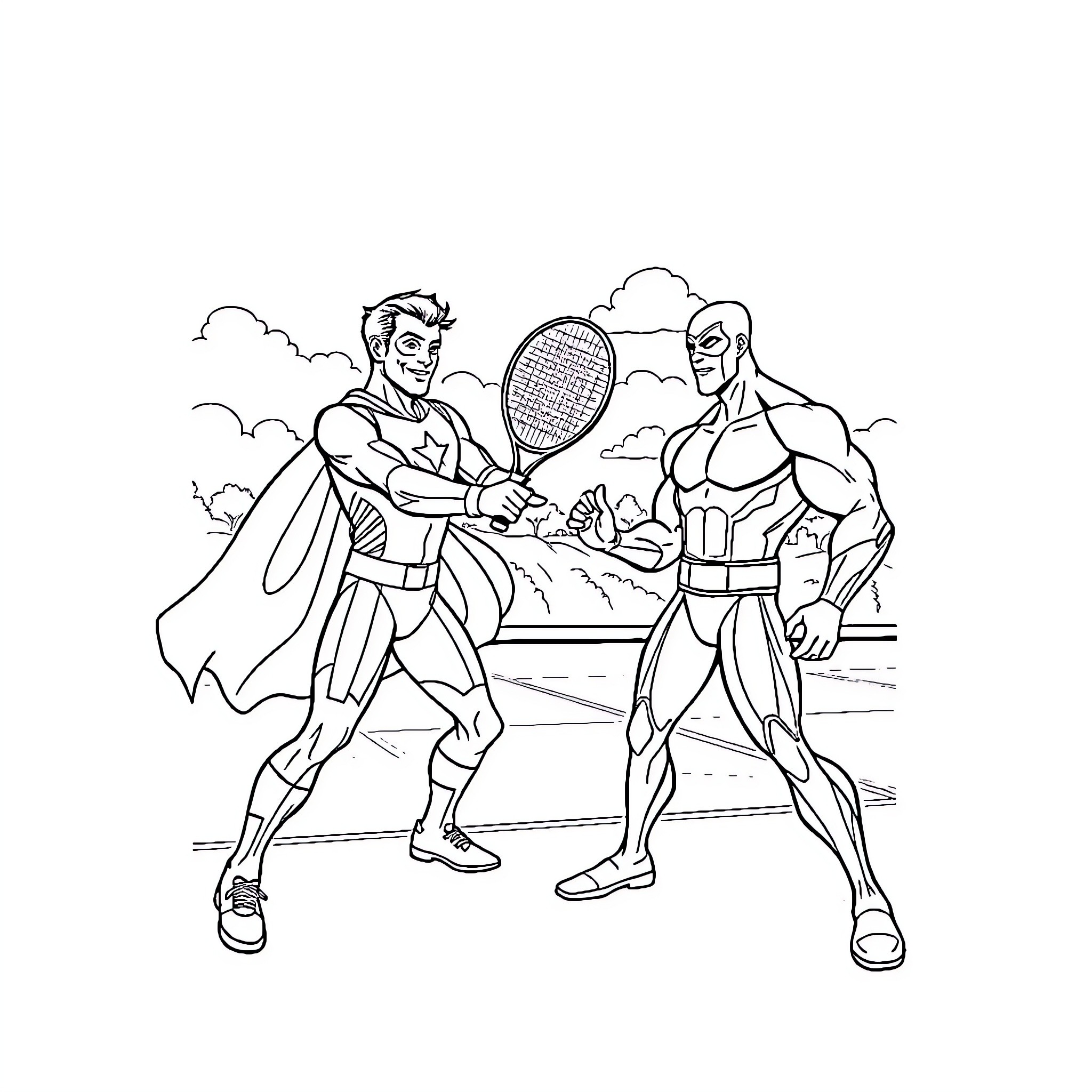 Omni Man facing off against a muscular opponent Coloring Page (free black-and-white line drawing printable PDF for all, from beginners to advanced learners, including children, teens, adults, and seniors)