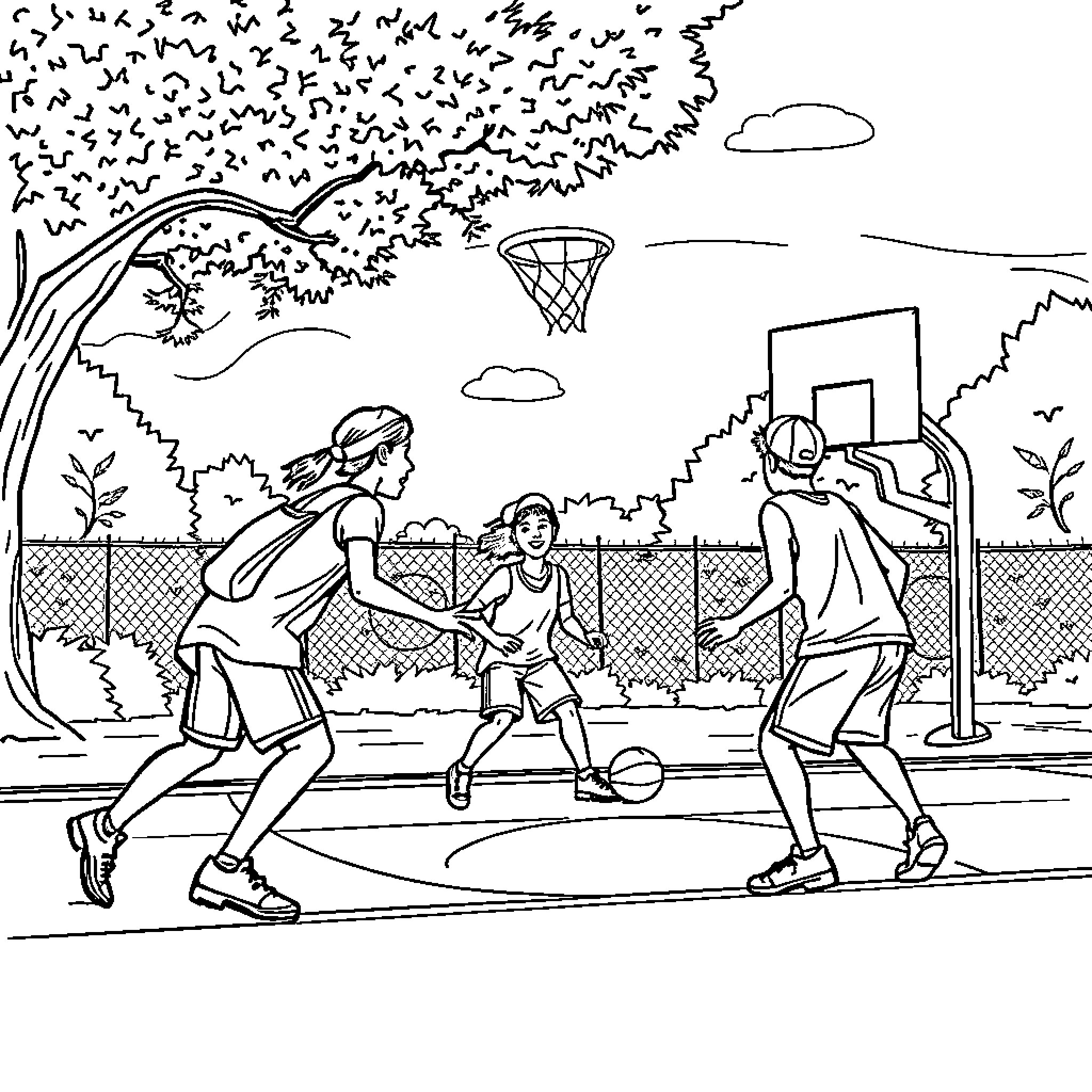 Book of Children Playing Basketball Outdoors Coloring Page (free black-and-white line drawing printable PDF for all, from beginners to advanced learners, including children, teens, adults, and seniors)