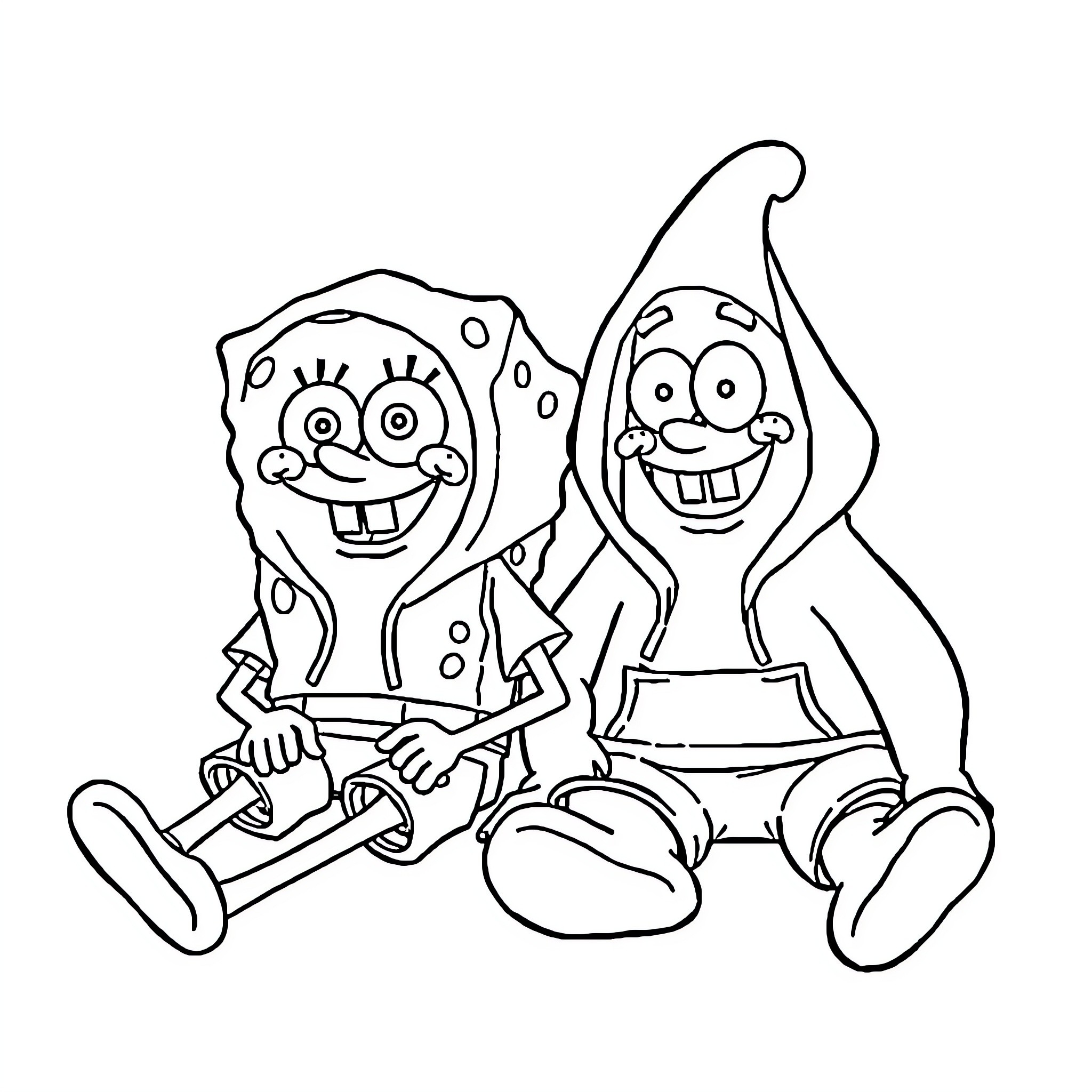 Spongebob and Patrick in silly poses Coloring Page (free black-and-white line drawing printable PDF for all, from beginners to advanced learners, including children, teens, adults, and seniors)