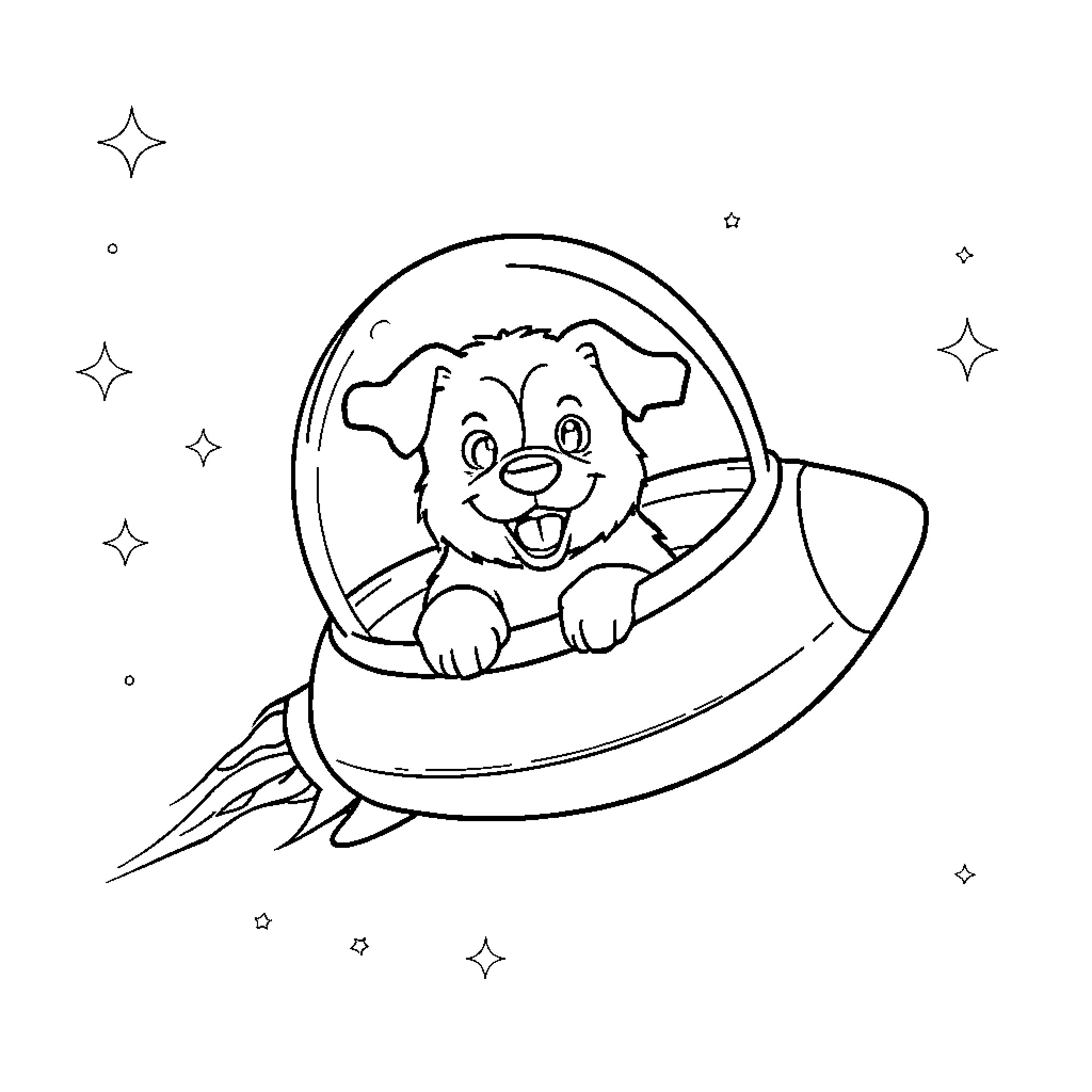 Dog riding a spaceship in the stars Coloring Page (free black-and-white line drawing printable PDF for all, from beginners to advanced learners, including children, teens, adults, and seniors)