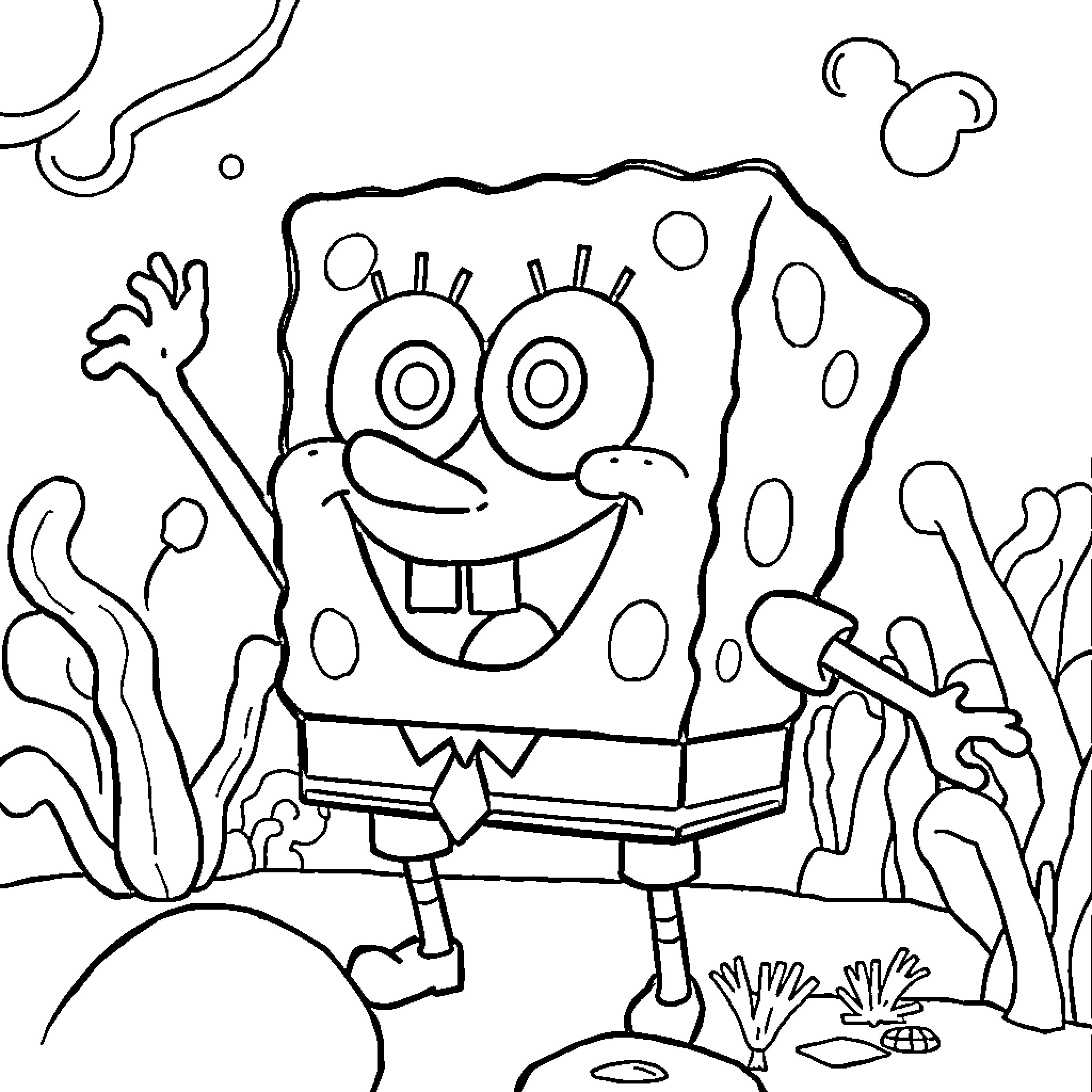 Spongebob's Joyful Underwater Adventure Coloring Page (free black-and-white line drawing printable PDF for all, from beginners to advanced learners, including children, teens, adults, and seniors)
