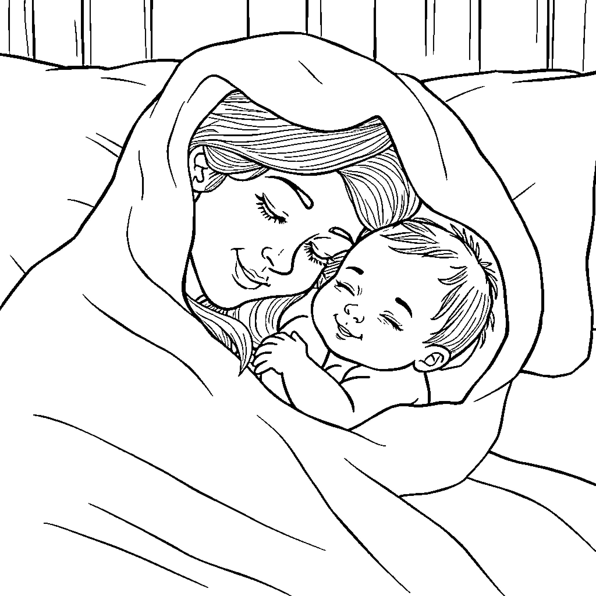 Mommy comforting and cuddling her sleeping child Coloring Page (free black-and-white line drawing printable PDF for all, from beginners to advanced learners, including children, teens, adults, and seniors)