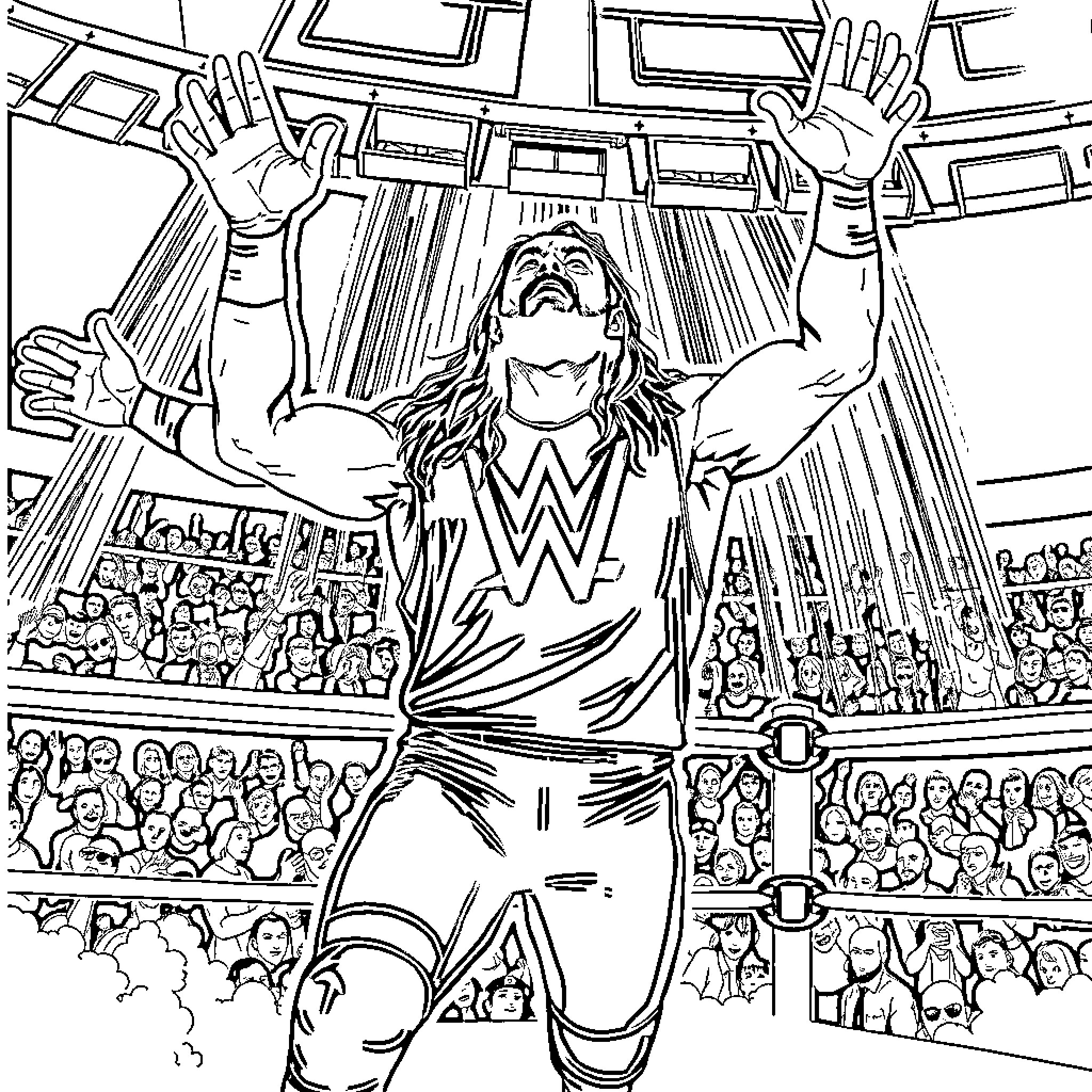 Roman Reigns Raising Hands in Victory Coloring Page (free black-and-white line drawing printable PDF for all, from beginners to advanced learners, including children, teens, adults, and seniors)