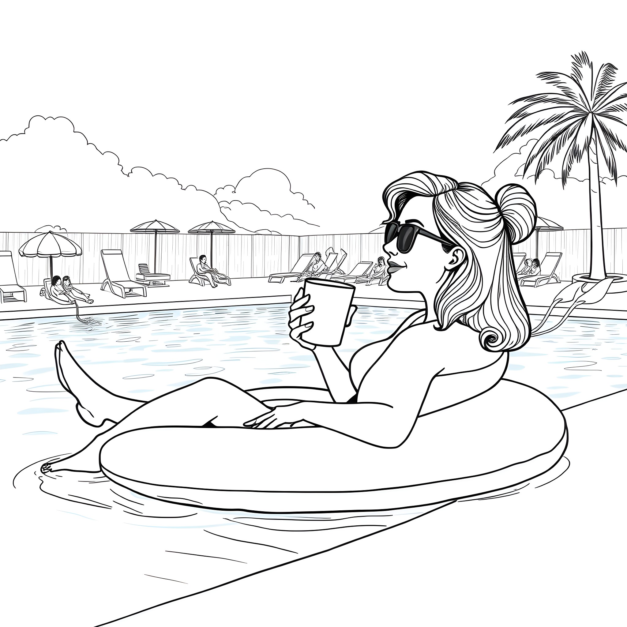 Teacher relaxing by the pool on a sunny day Coloring Page (free black-and-white line drawing printable PDF for all, from beginners to advanced learners, including children, teens, adults, and seniors)
